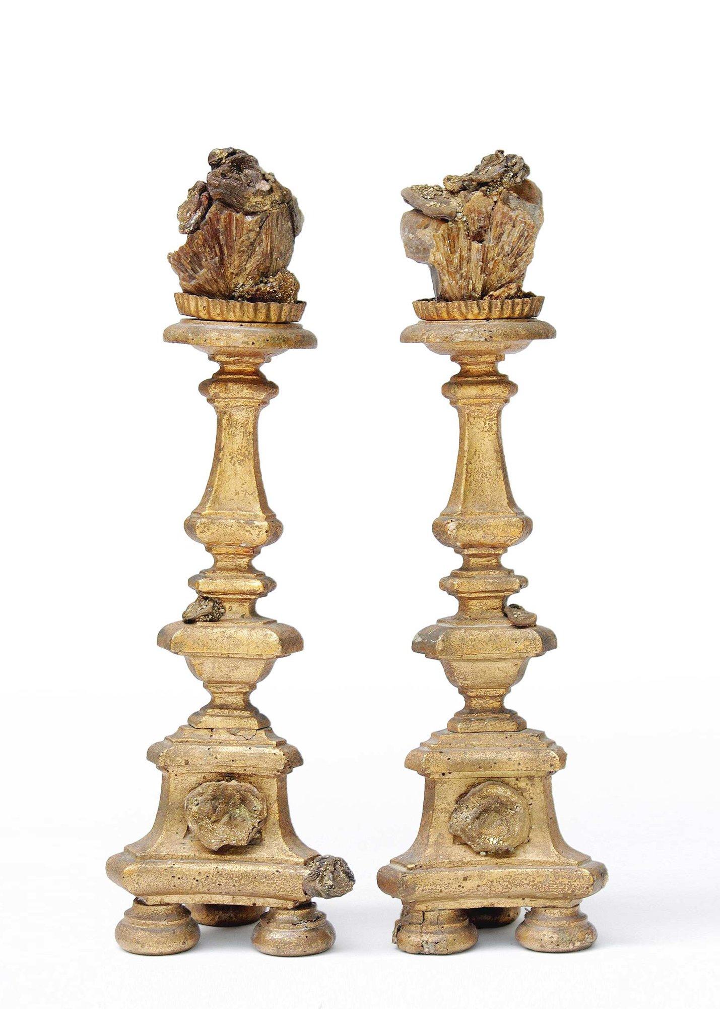 A pair of 18th century Italian candlesticks adorned with chalcedony rosettes with deposits of pyrite and golden barite crystals tapering down the matrix. Barite crystals are a very rare and valuable natural specimen. They are museum specimens and
