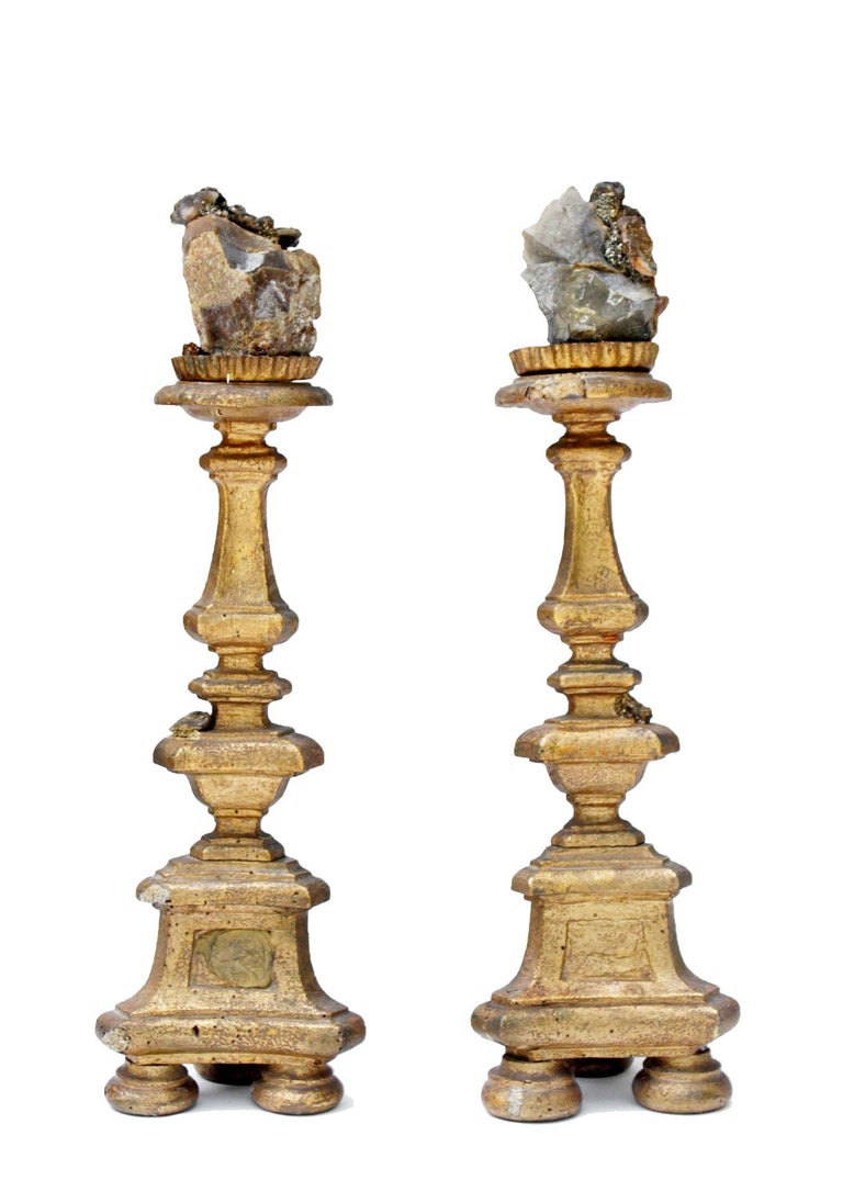 18th Century and Earlier Pair of 18th Century Italian Candlesticks with Chalcedony and Barite Crystals For Sale