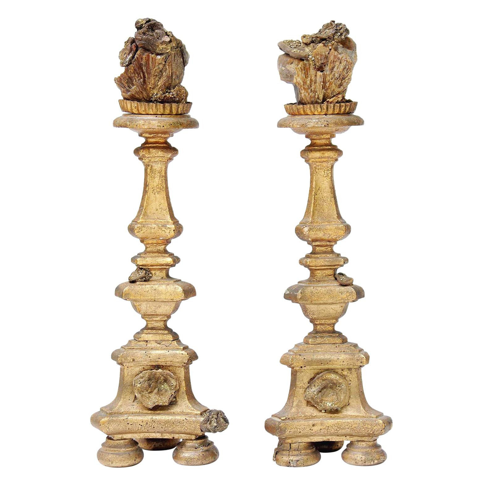 Pair of 18th Century Italian Candlesticks with Chalcedony and Barite Crystals