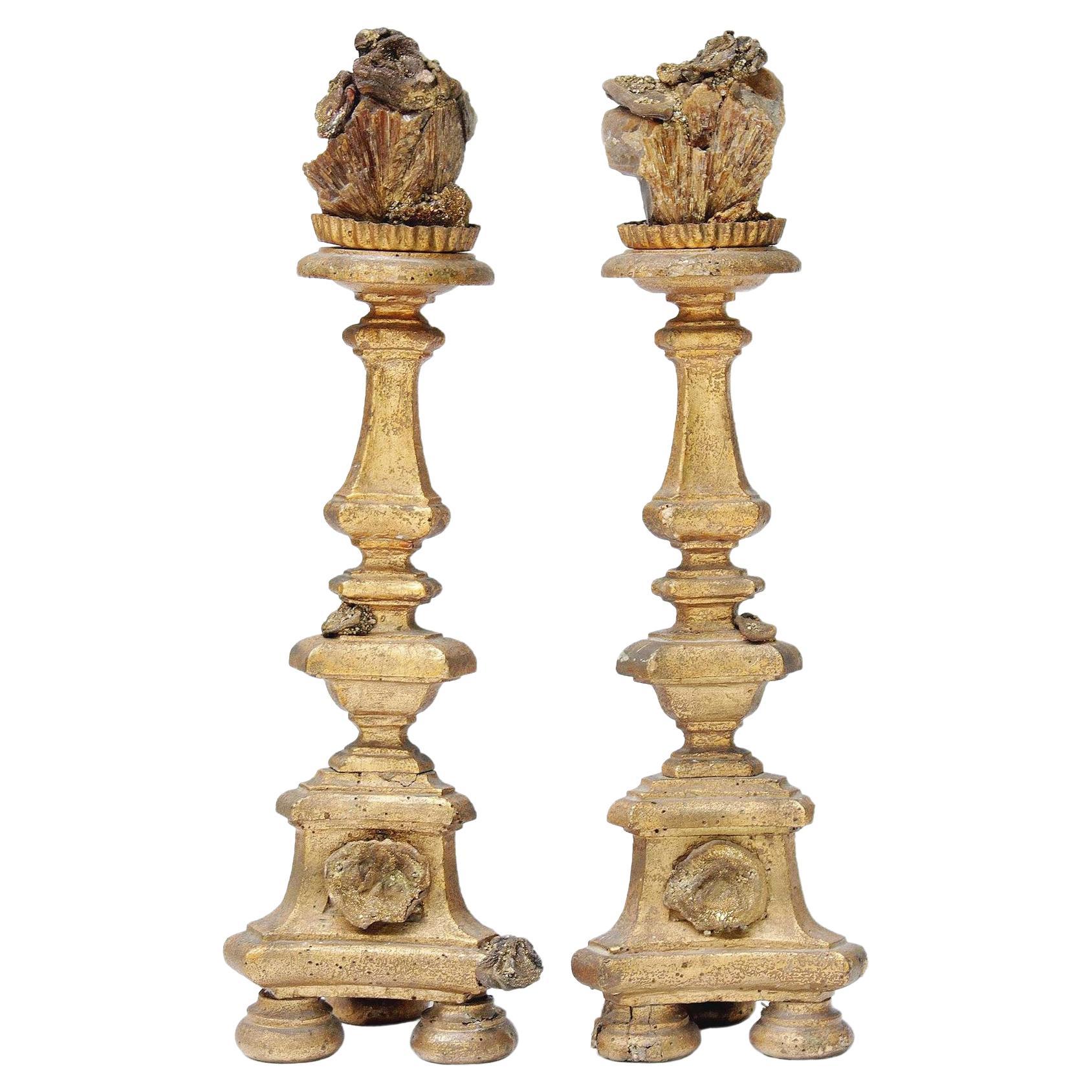 Pair of 18th Century Italian Candlesticks with Chalcedony and Barite Crystals