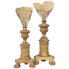 Pair of 18th Century Italian Candlesticks with Fossil Coral and Cactus Quartz