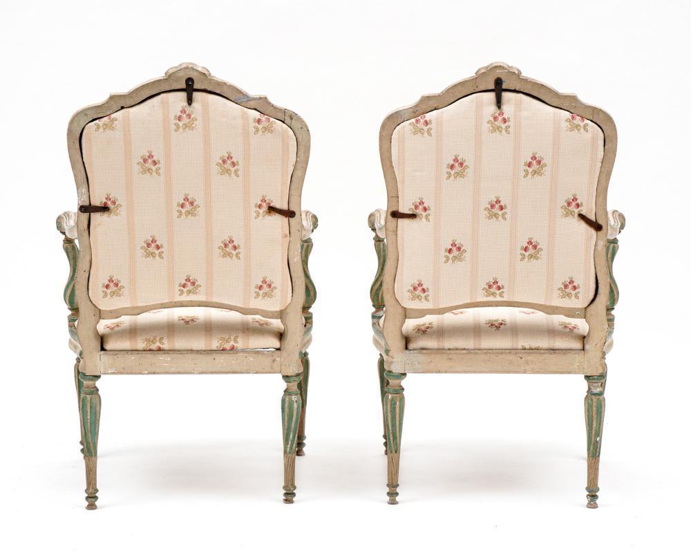 Pair of 18th Century Italian Carved and Painted Neoclassical Armchairs In Good Condition For Sale In Essex, MA