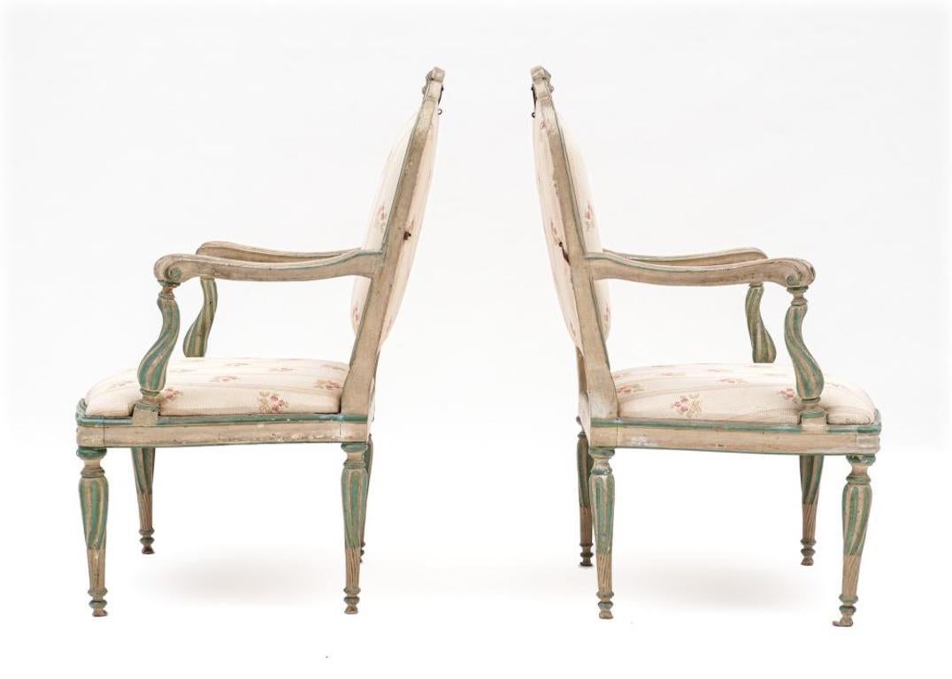 Pair of 18th Century Italian Carved and Painted Neoclassical Armchairs For Sale 2