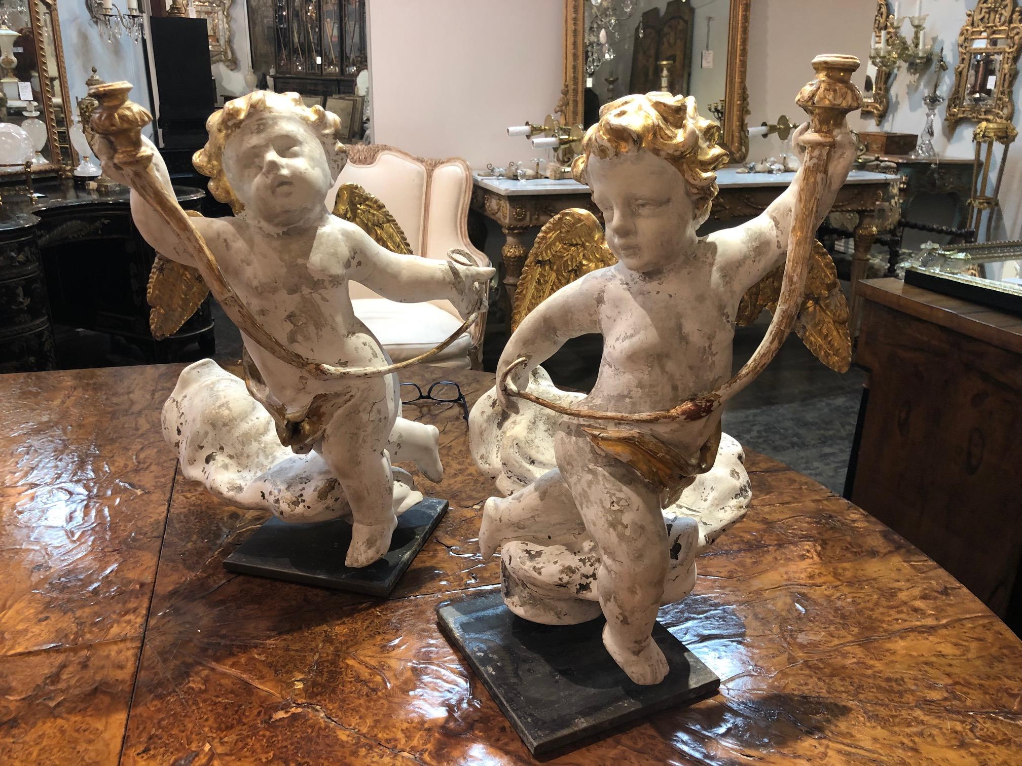 18th Century and Earlier Pair of 18th Century Italian Carved and Parcel Gilt Cherubs For Sale