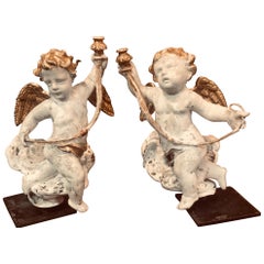 Antique Pair of 18th Century Italian Carved and Parcel Gilt Cherubs