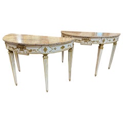 Pair of 18th Century Italian Carved and Parcel Gilt Demilune Consoles