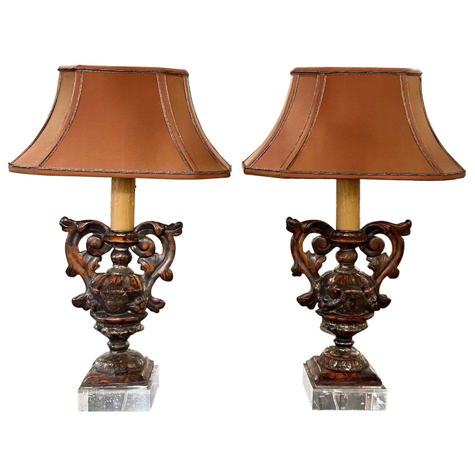 Pair of 18th Century Italian Carved and Polychromed Wood Urn Lamps