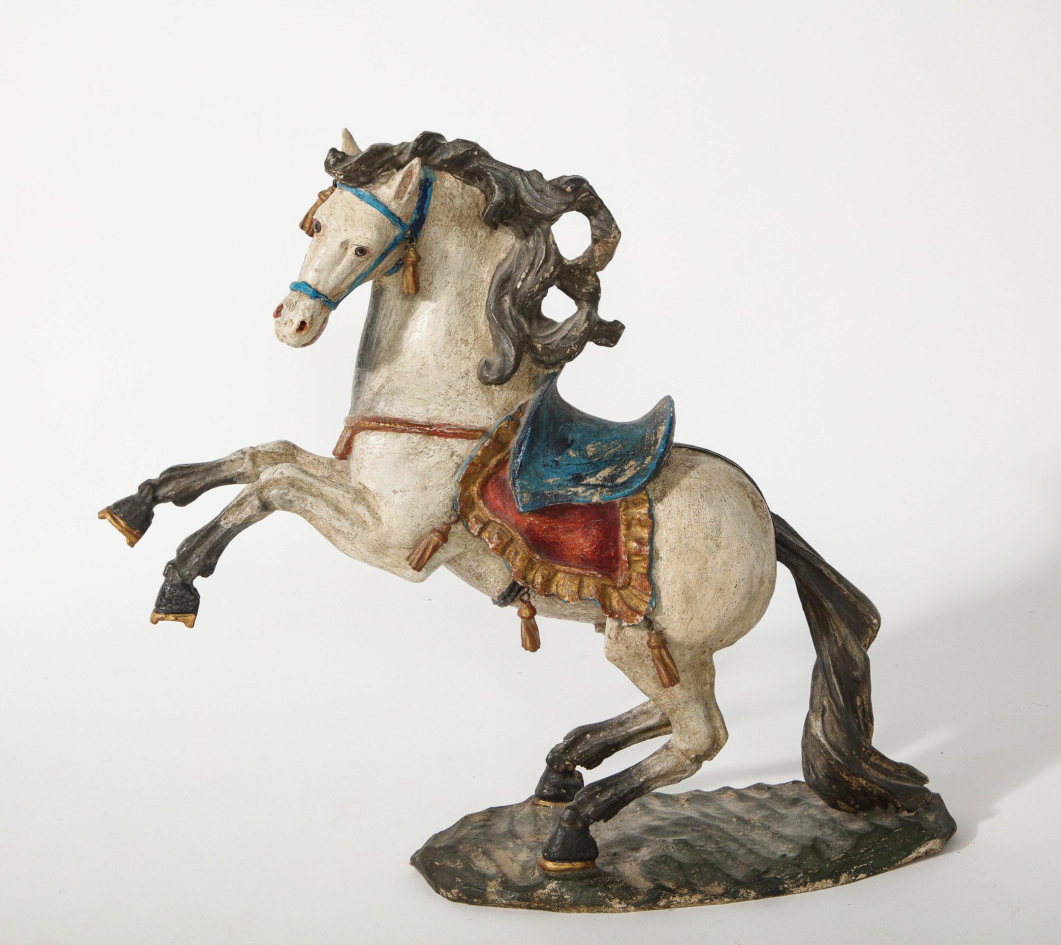 Pair of 18th Century Italian Carved Fruitwood Polychrome Horses For Sale 7