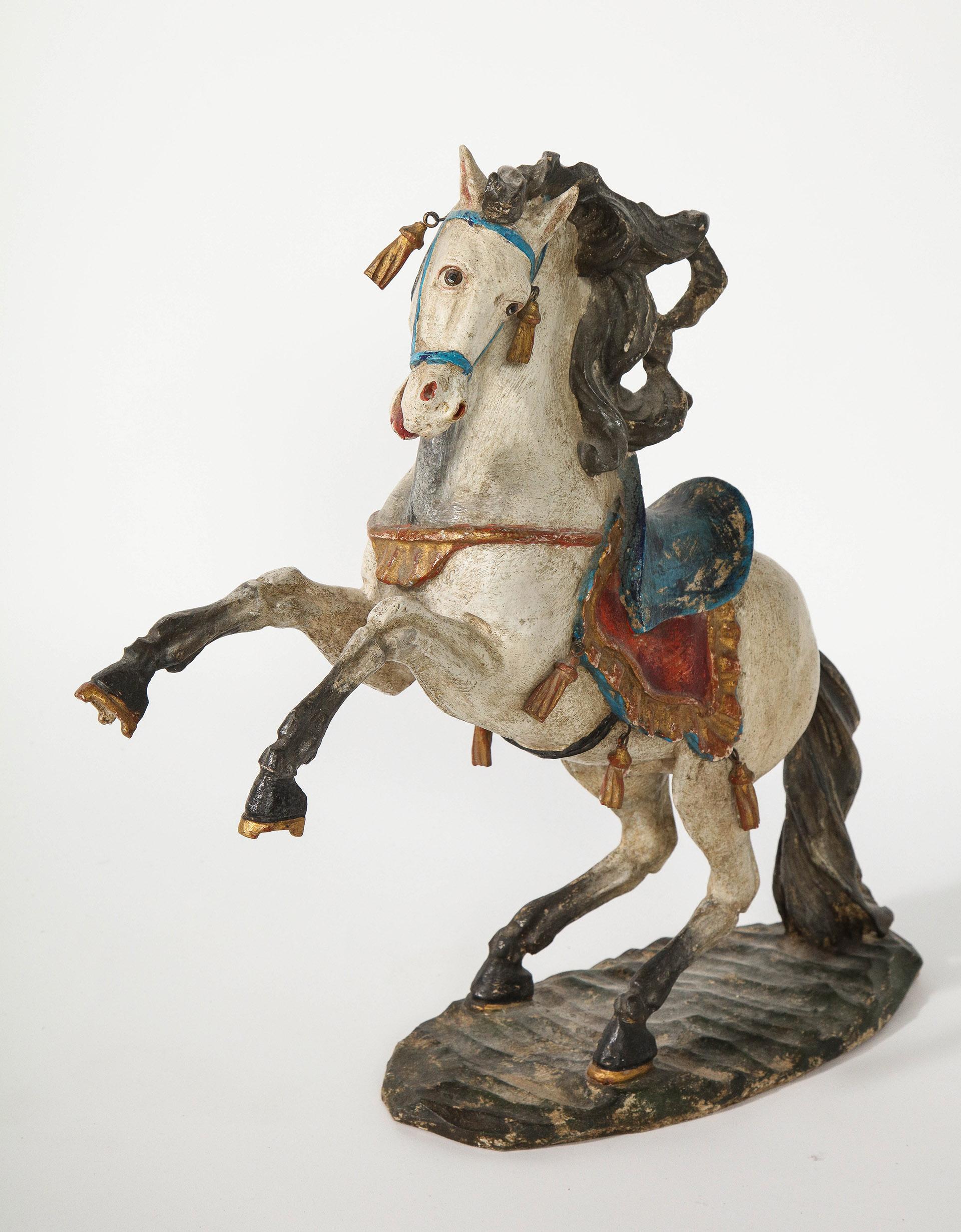 Pair of 18th Century Italian Carved Fruitwood Polychrome Horses For Sale 8