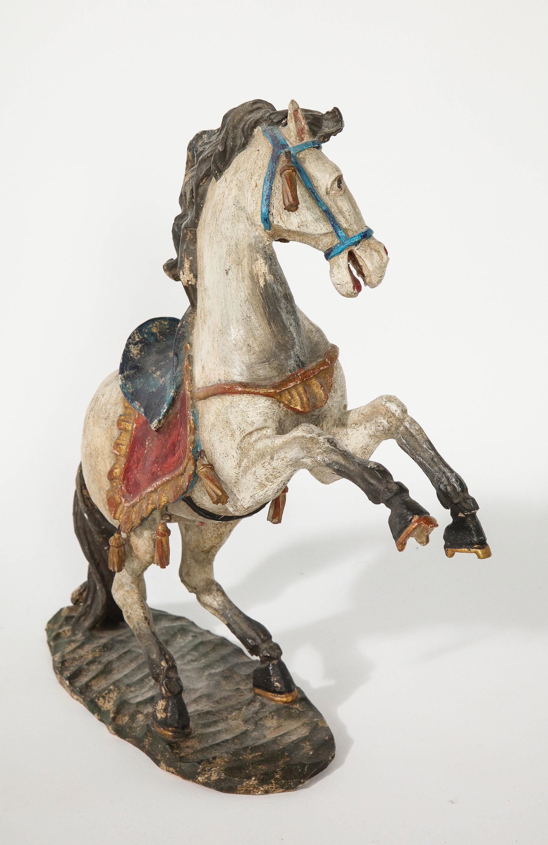 Pair of 18th Century Italian Carved Fruitwood Polychrome Horses For Sale 9