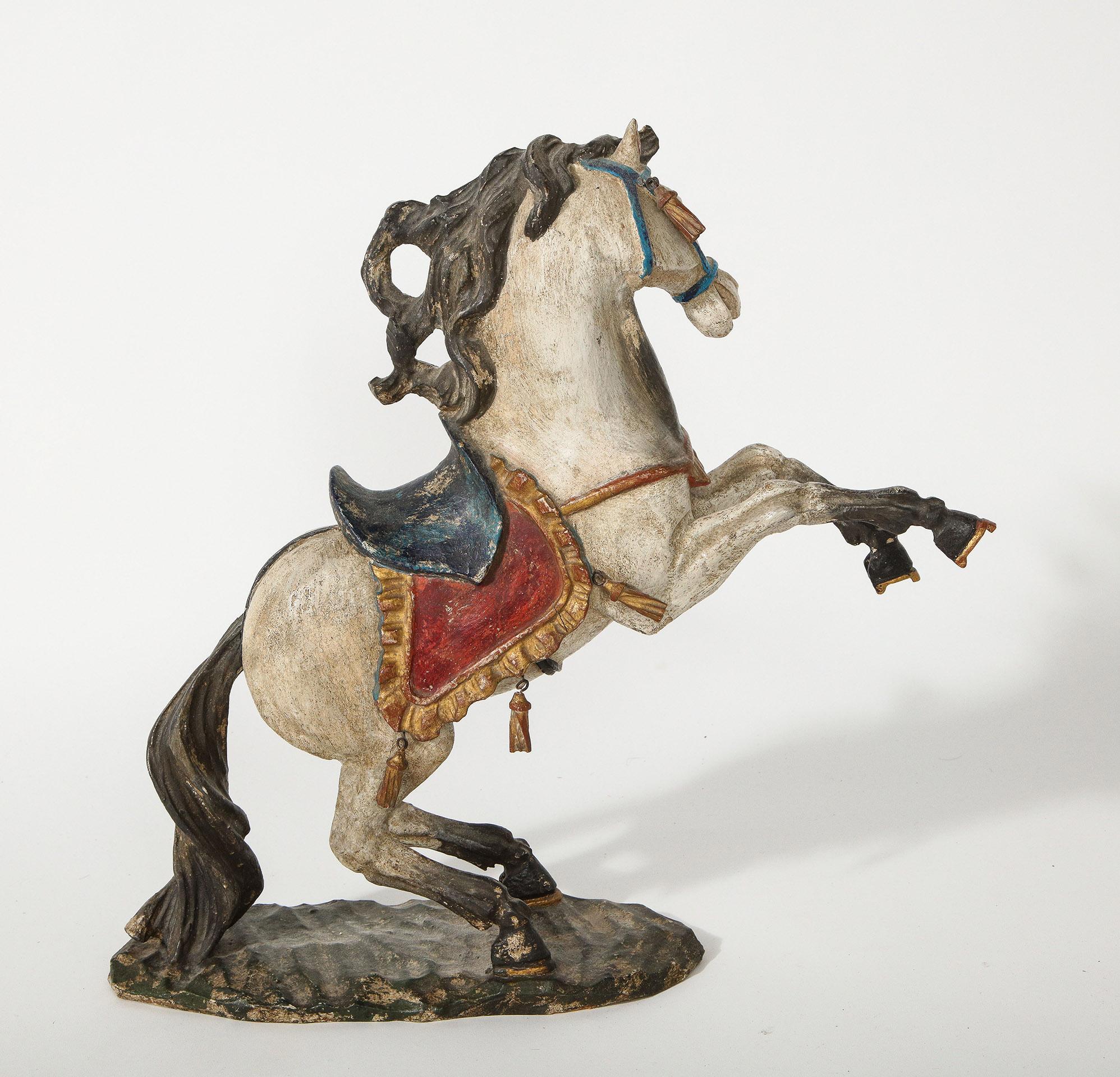 Pair of 18th Century Italian Carved Fruitwood Polychrome Horses For Sale 10