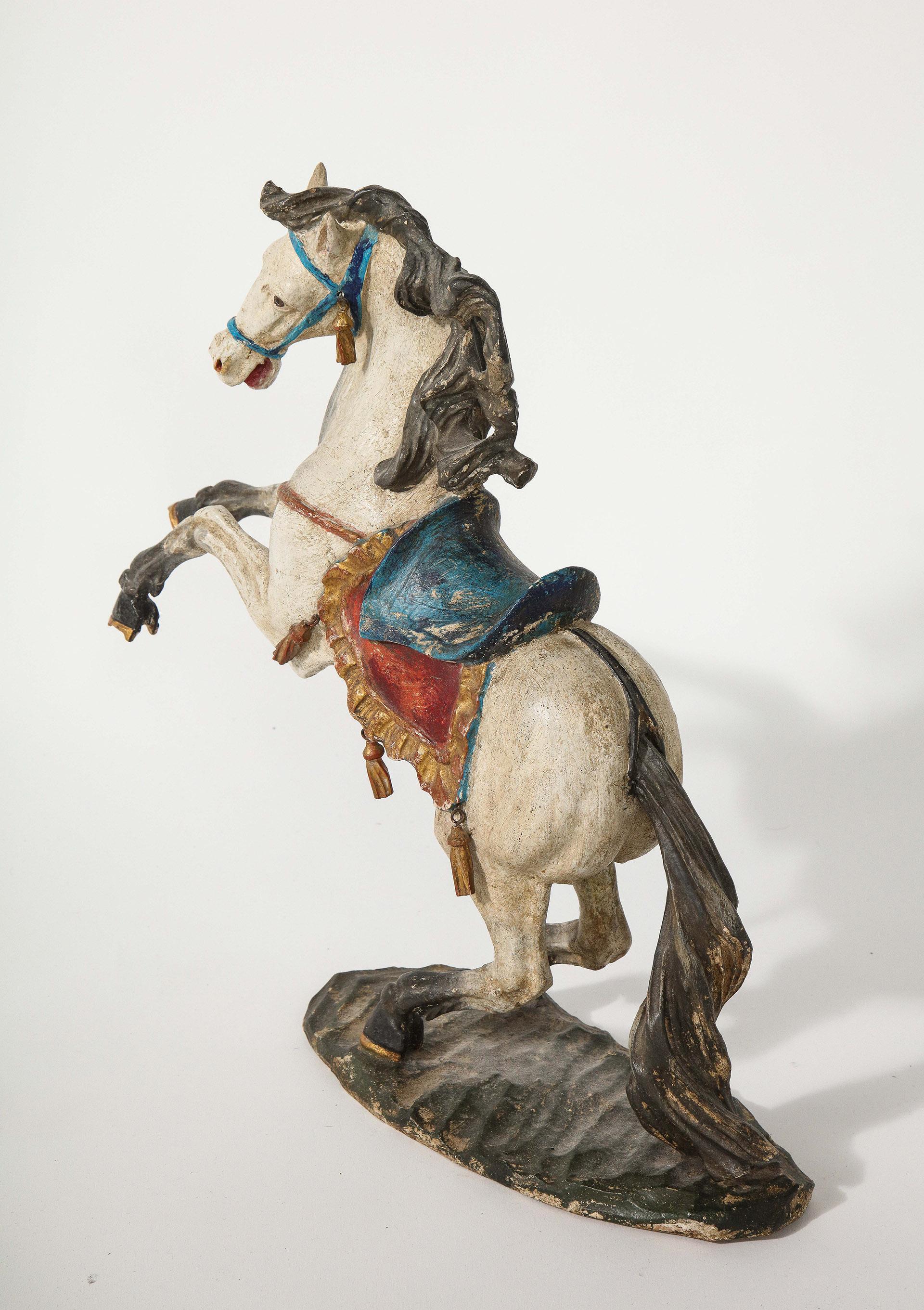 Pair of 18th Century Italian Carved Fruitwood Polychrome Horses For Sale 11