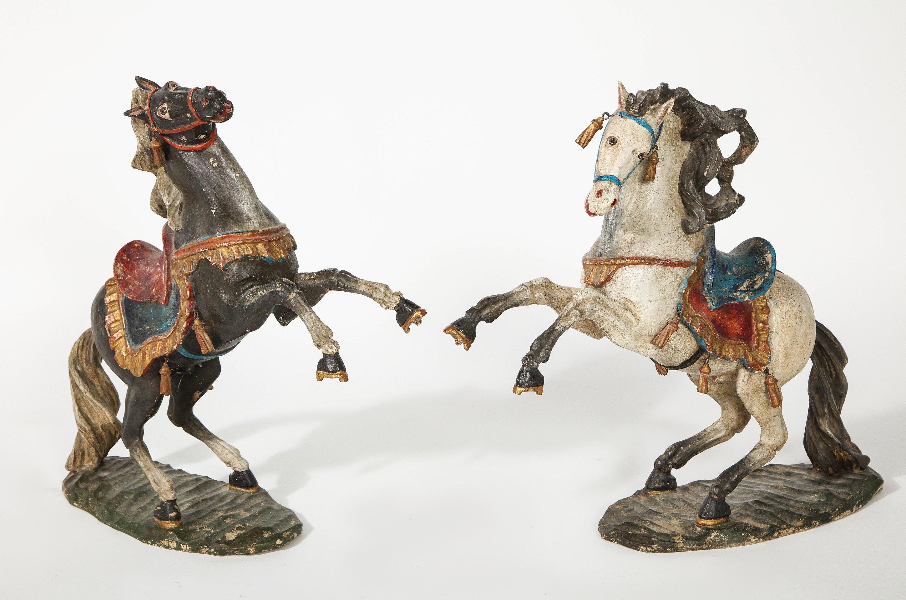 Polychromed Pair of 18th Century Italian Carved Fruitwood Polychrome Horses For Sale