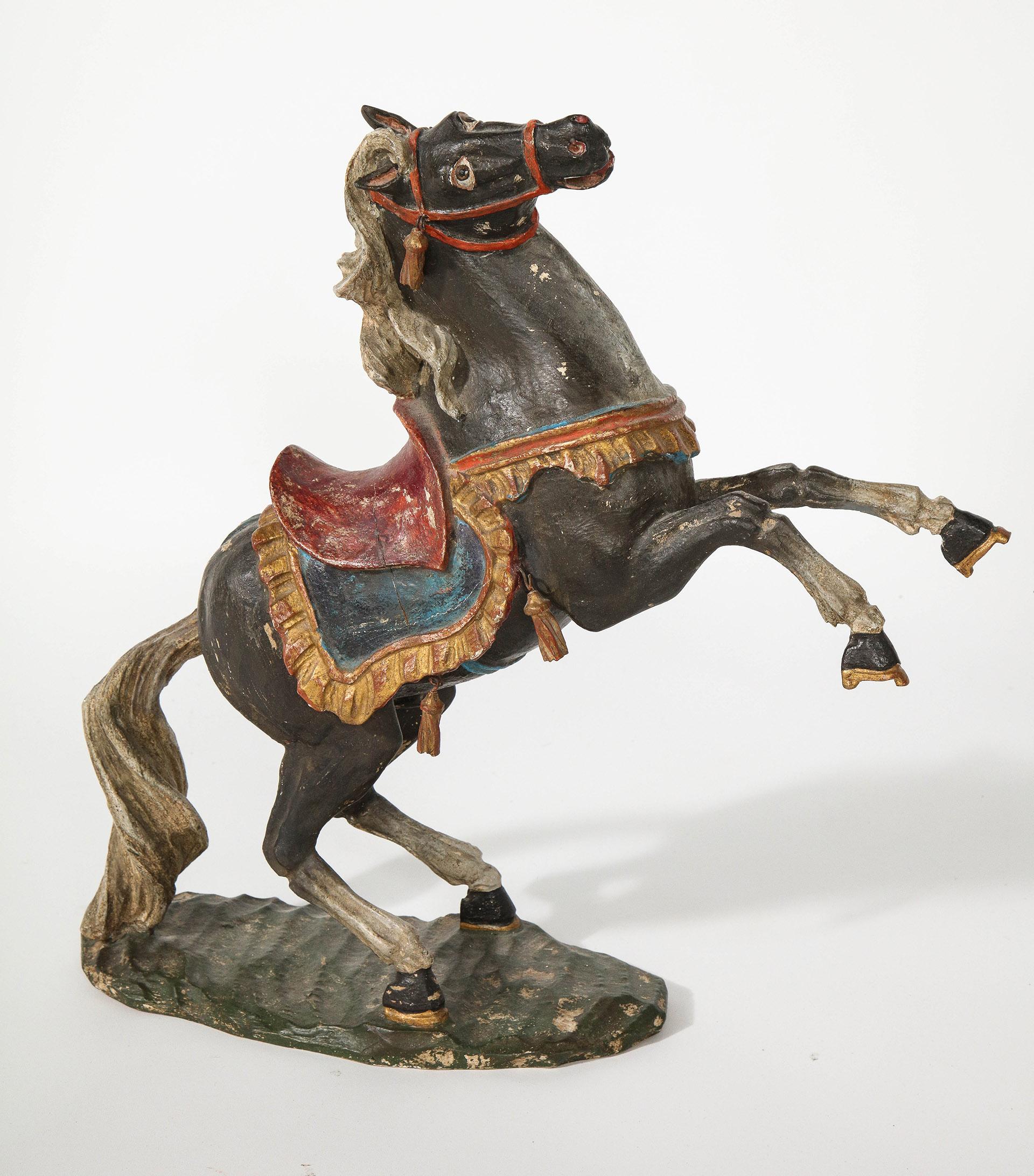 Pair of 18th Century Italian Carved Fruitwood Polychrome Horses For Sale 2