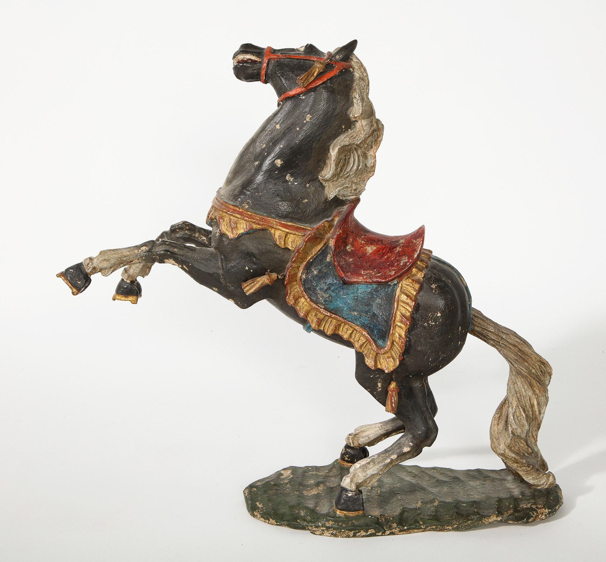 Pair of 18th Century Italian Carved Fruitwood Polychrome Horses For Sale 3