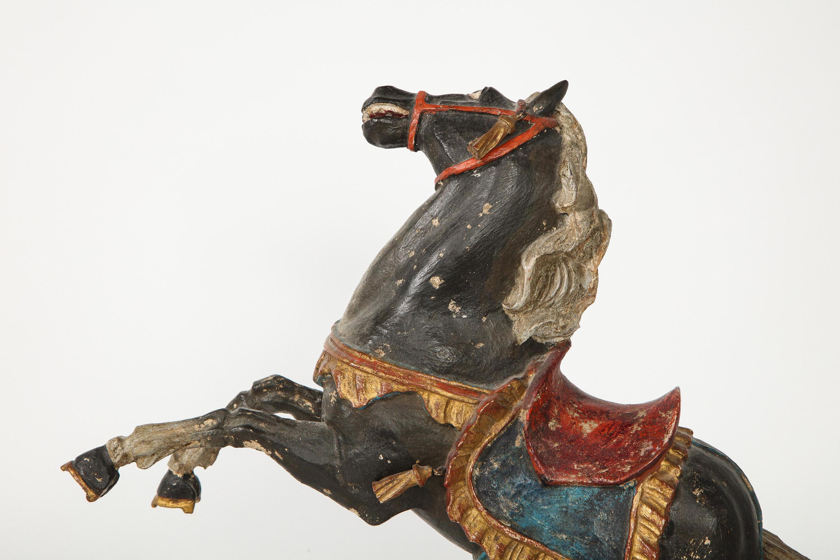 Pair of 18th Century Italian Carved Fruitwood Polychrome Horses For Sale 4