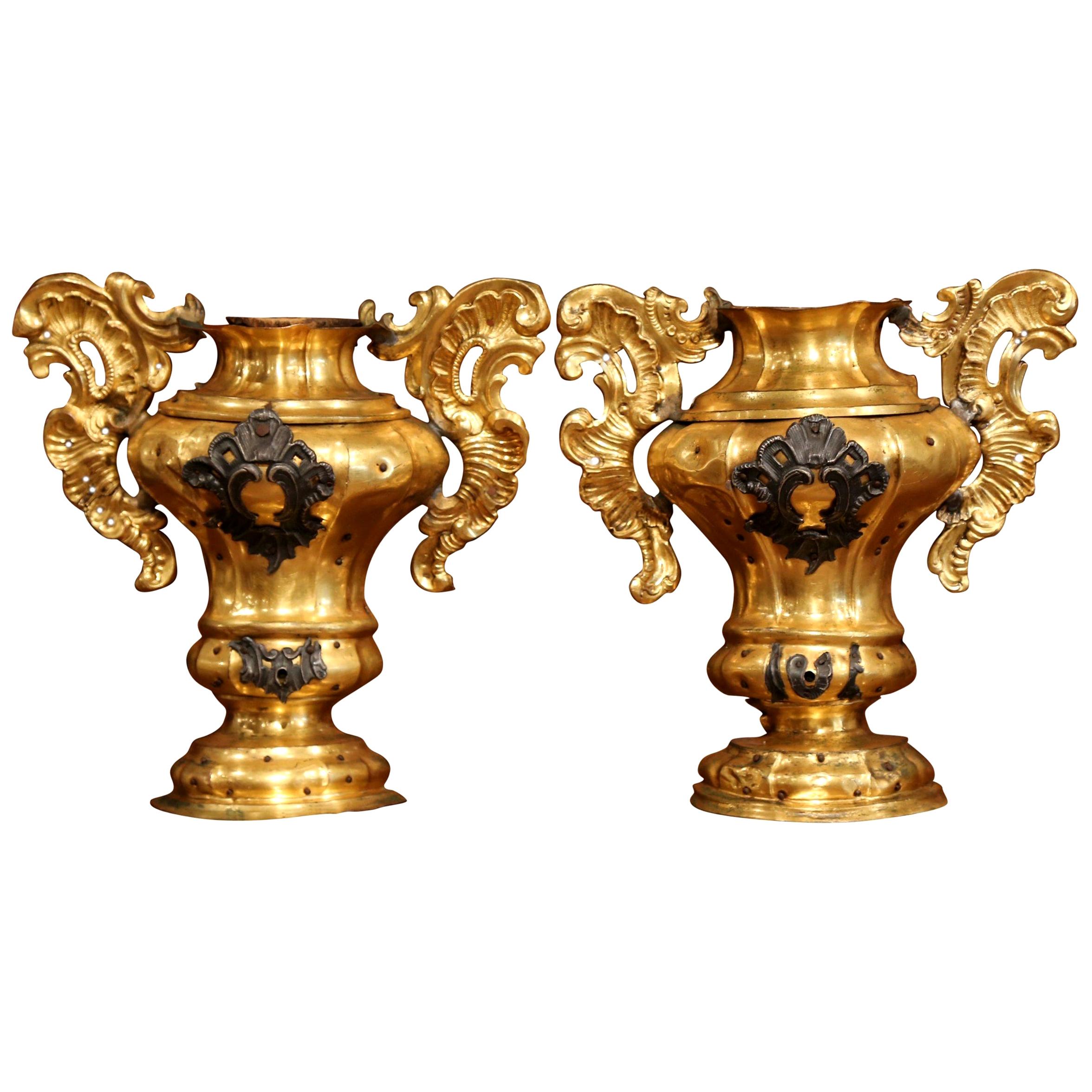 Pair of 18th Century Italian Carved Giltwood and Brass Altar Ornament Vessels