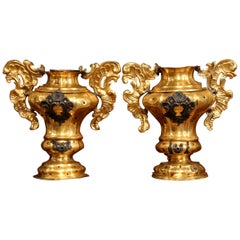 Pair of 18th Century Italian Carved Giltwood and Brass Altar Ornament Vessels