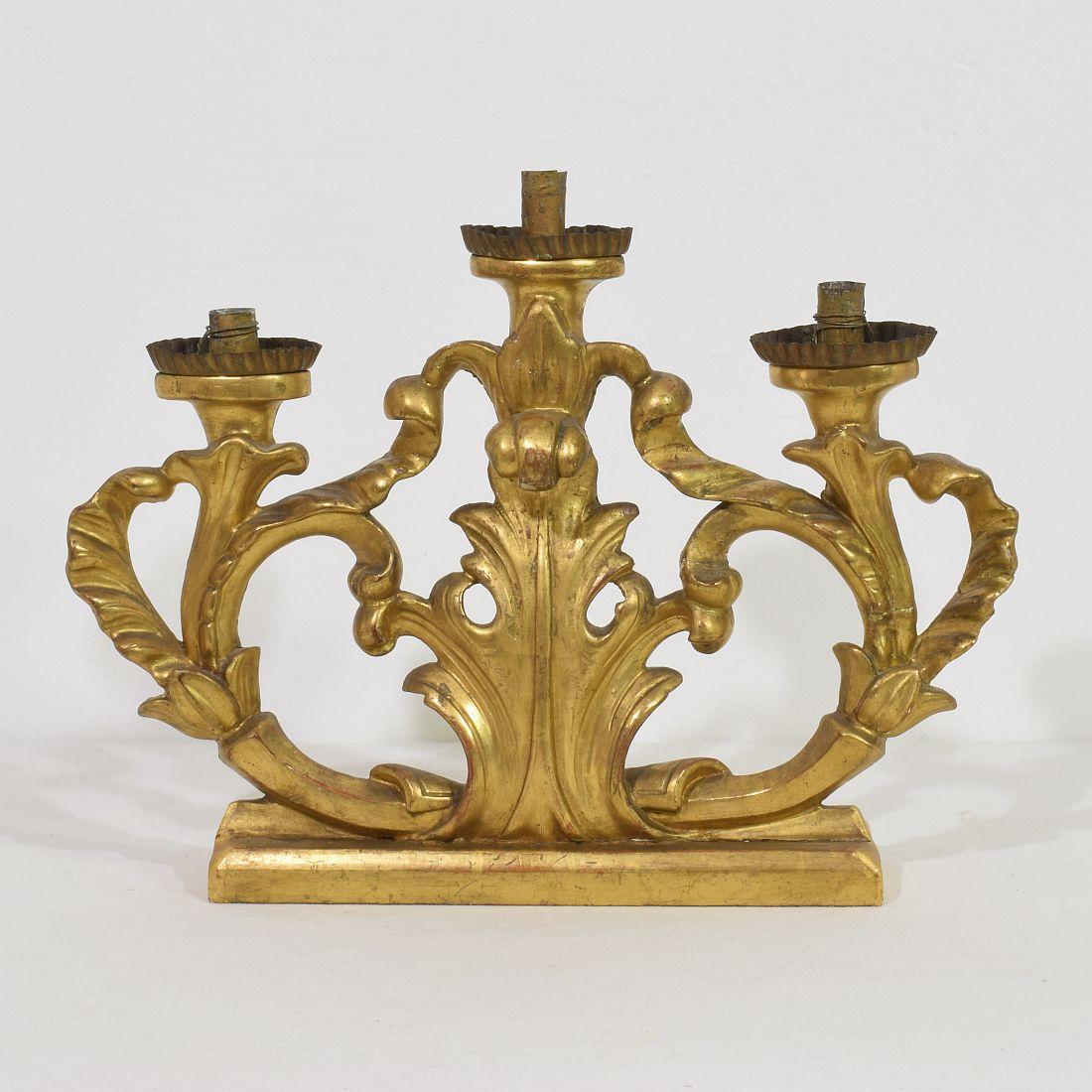 18th Century and Earlier Pair of 18th Century Italian Carved Giltwood Baroque Candleholders For Sale