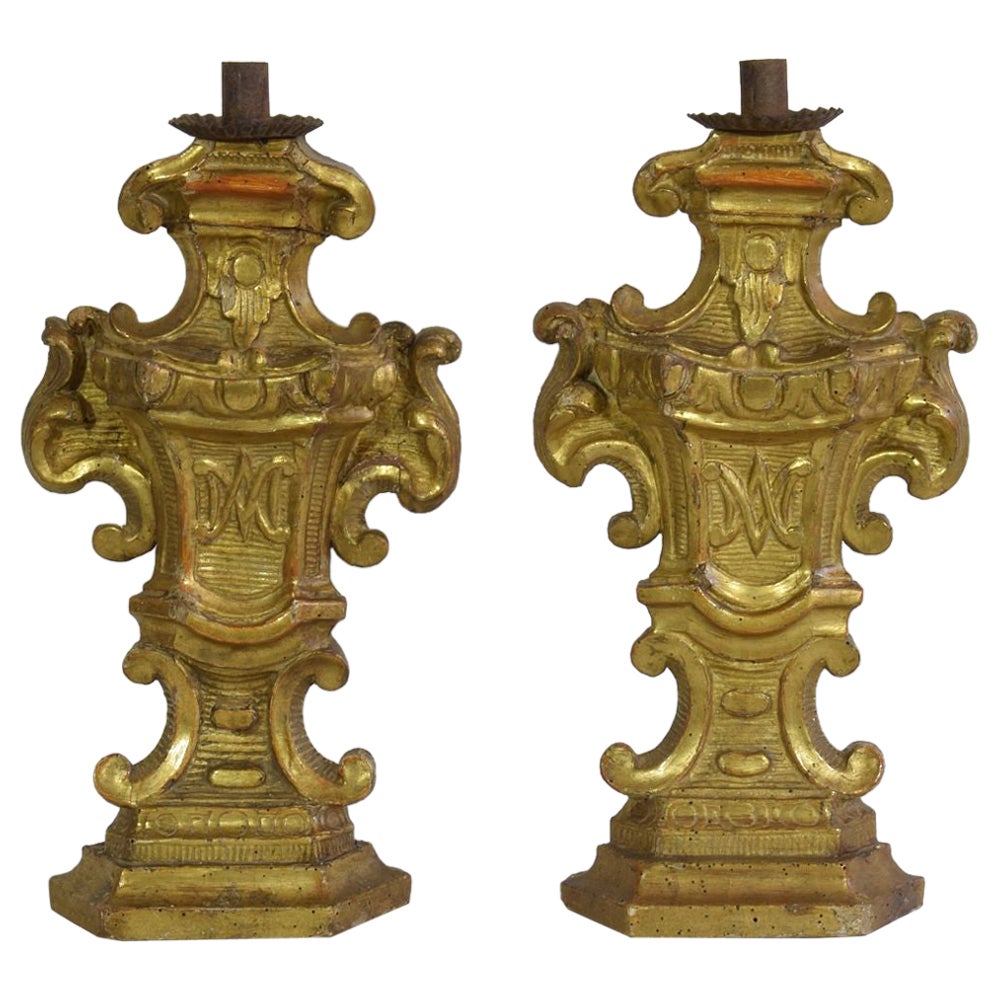 Pair of 18th Century Italian Carved Giltwood Baroque Candleholders