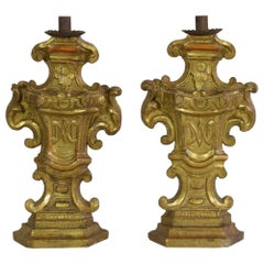 Pair of 18th Century Italian Carved Giltwood Baroque Candleholders