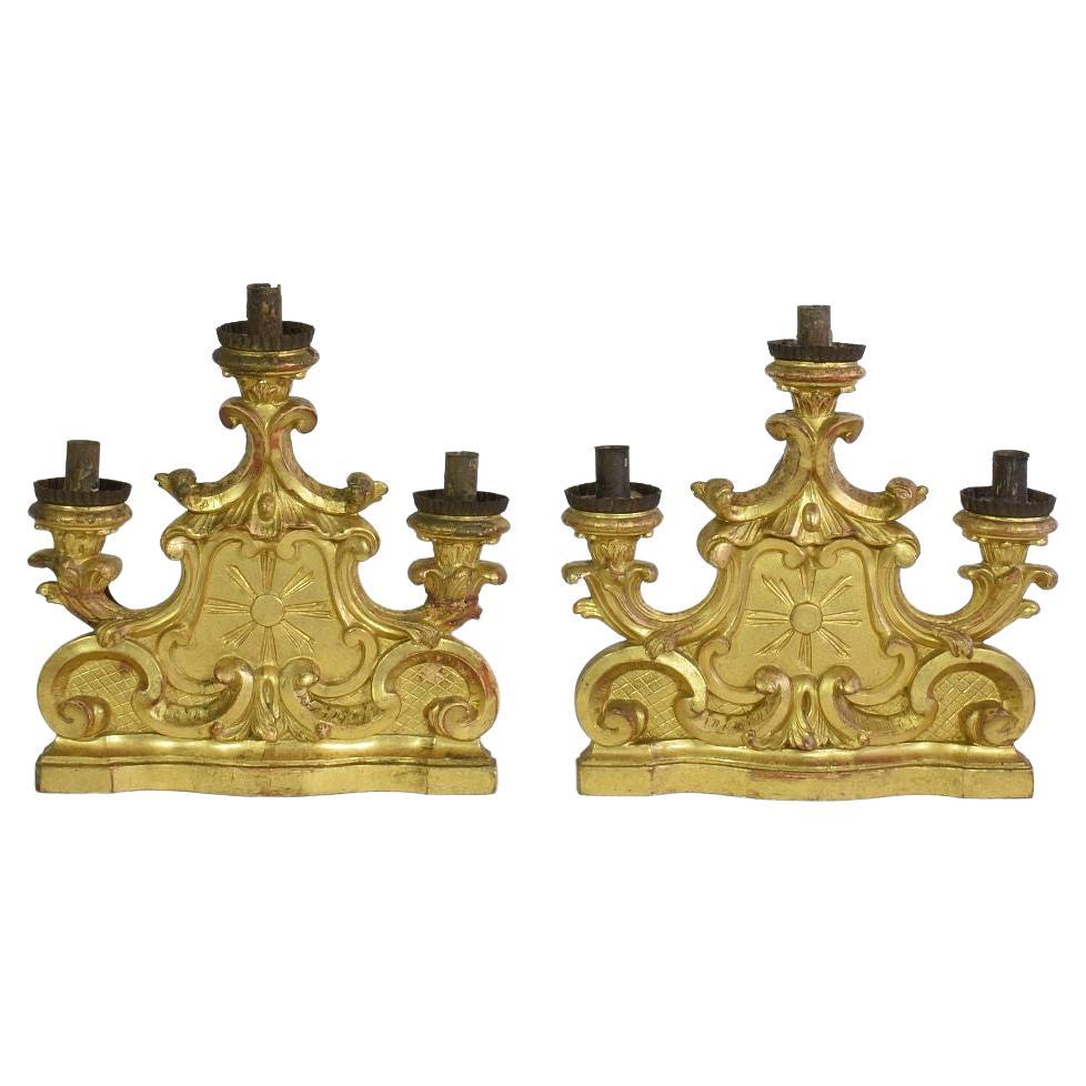 Pair of 18th Century Italian Carved Giltwood Baroque Candleholders For Sale