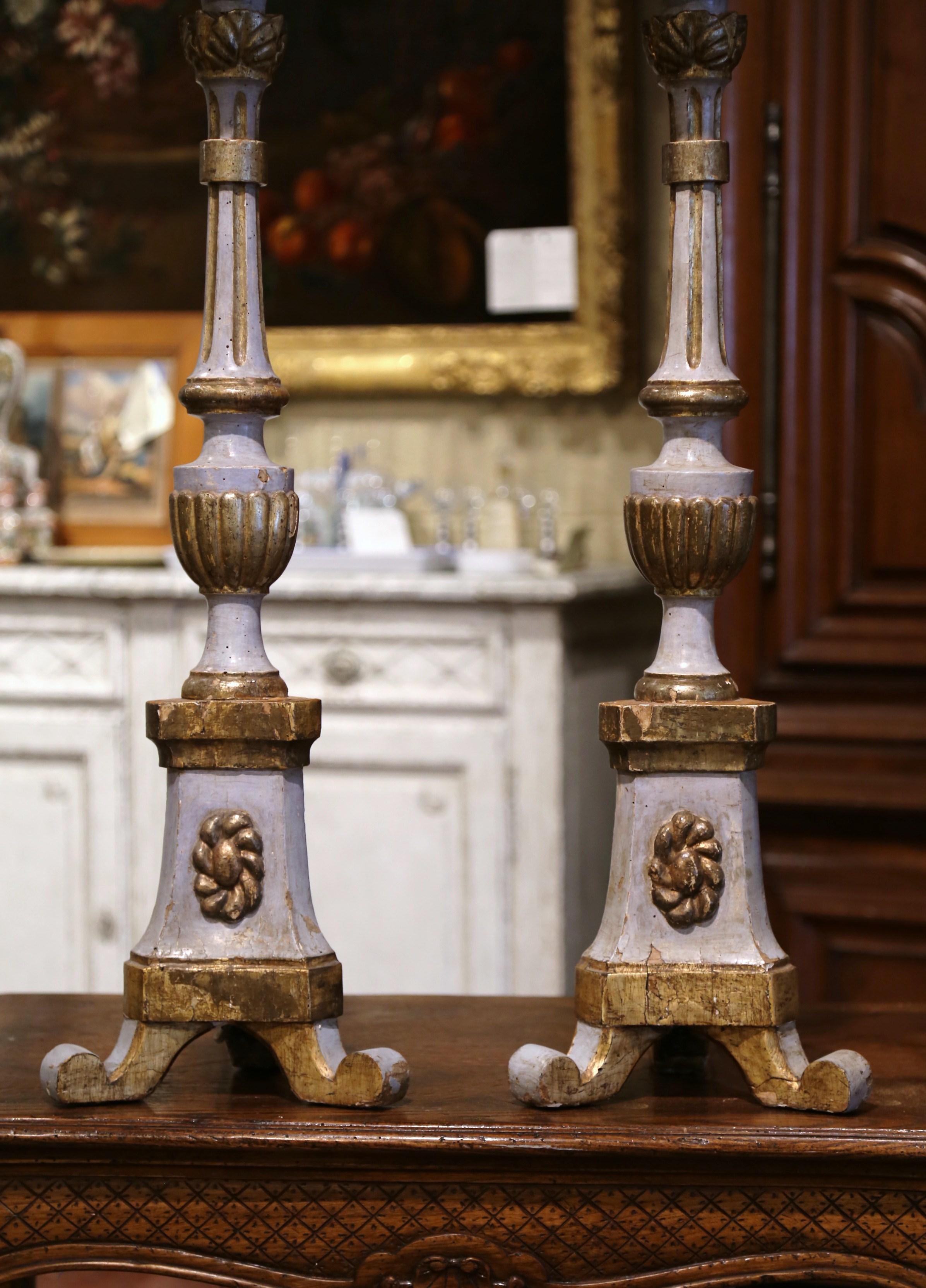 Louis XV Pair of 18th Century Italian Carved Giltwood Painted Candlestick Lamps & Shades