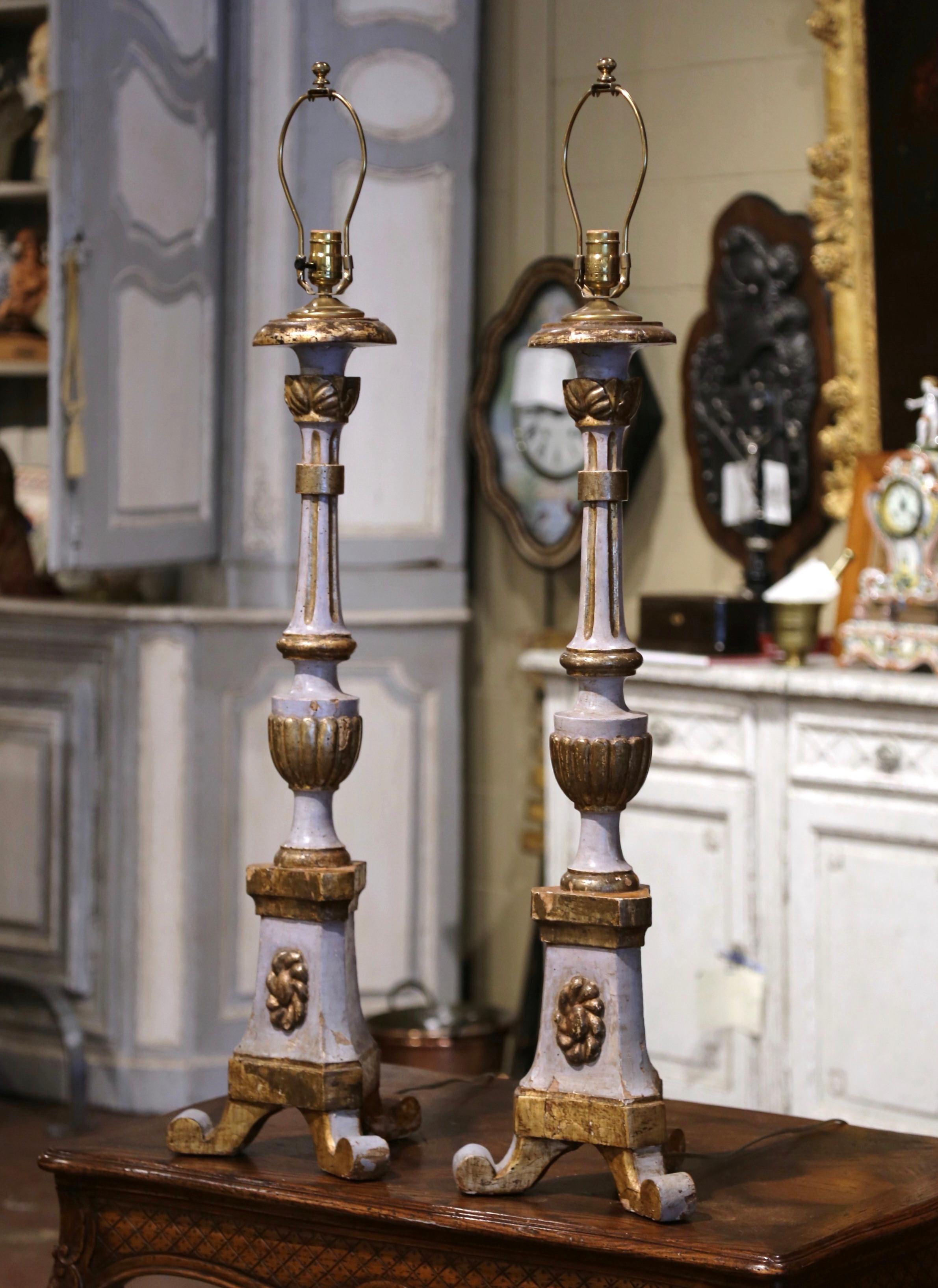 Pair of 18th Century Italian Carved Giltwood Painted Candlestick Lamps & Shades 2