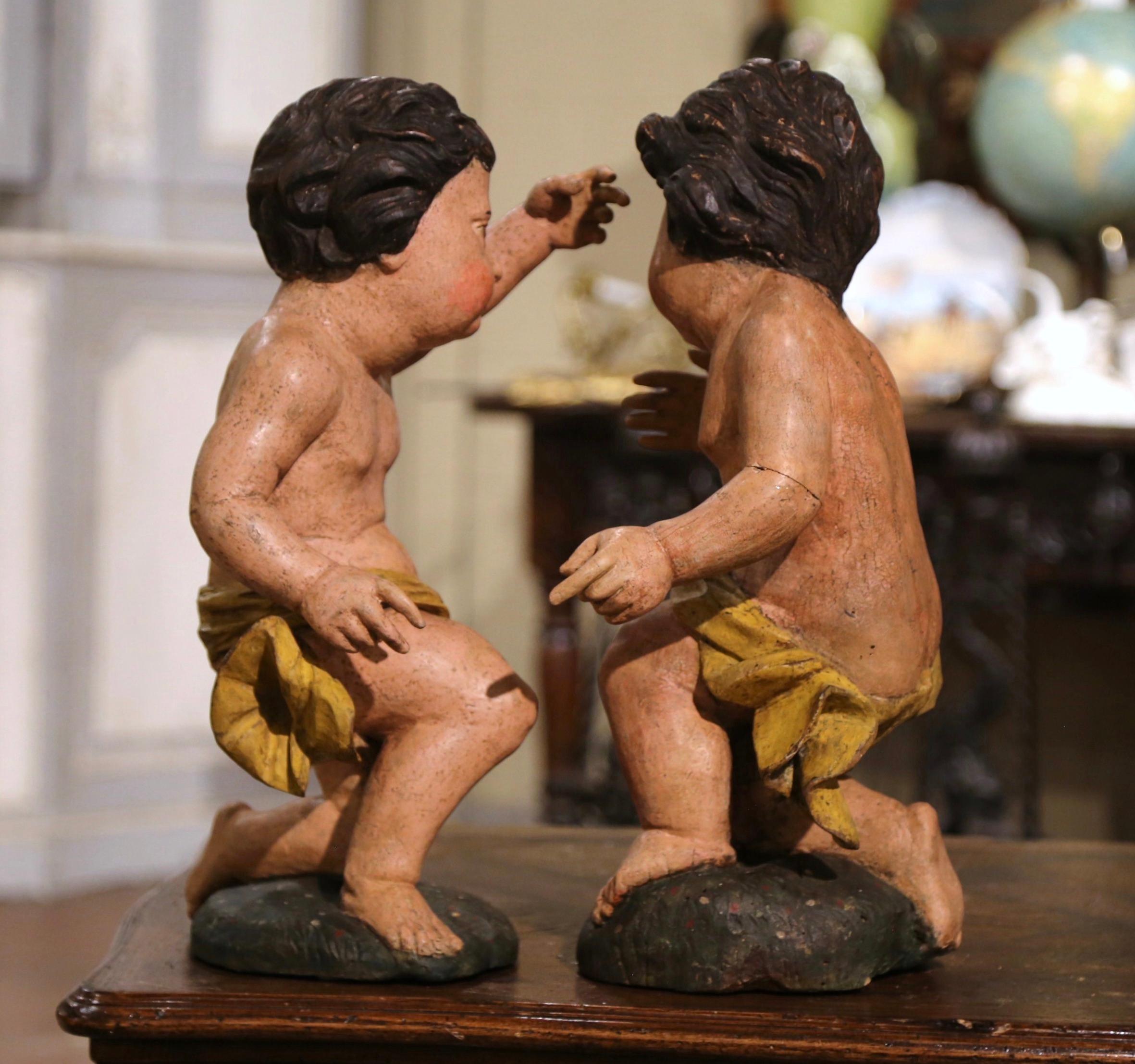 Pair of 18th Century Italian Carved Giltwood Polychrome Cherub Sculptures For Sale 4