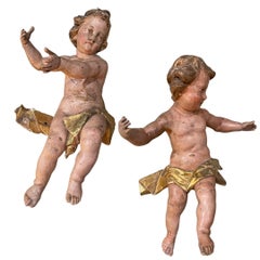 Pair of 18th Century Italian Carved Giltwood Polychrome Cherub Sculptures