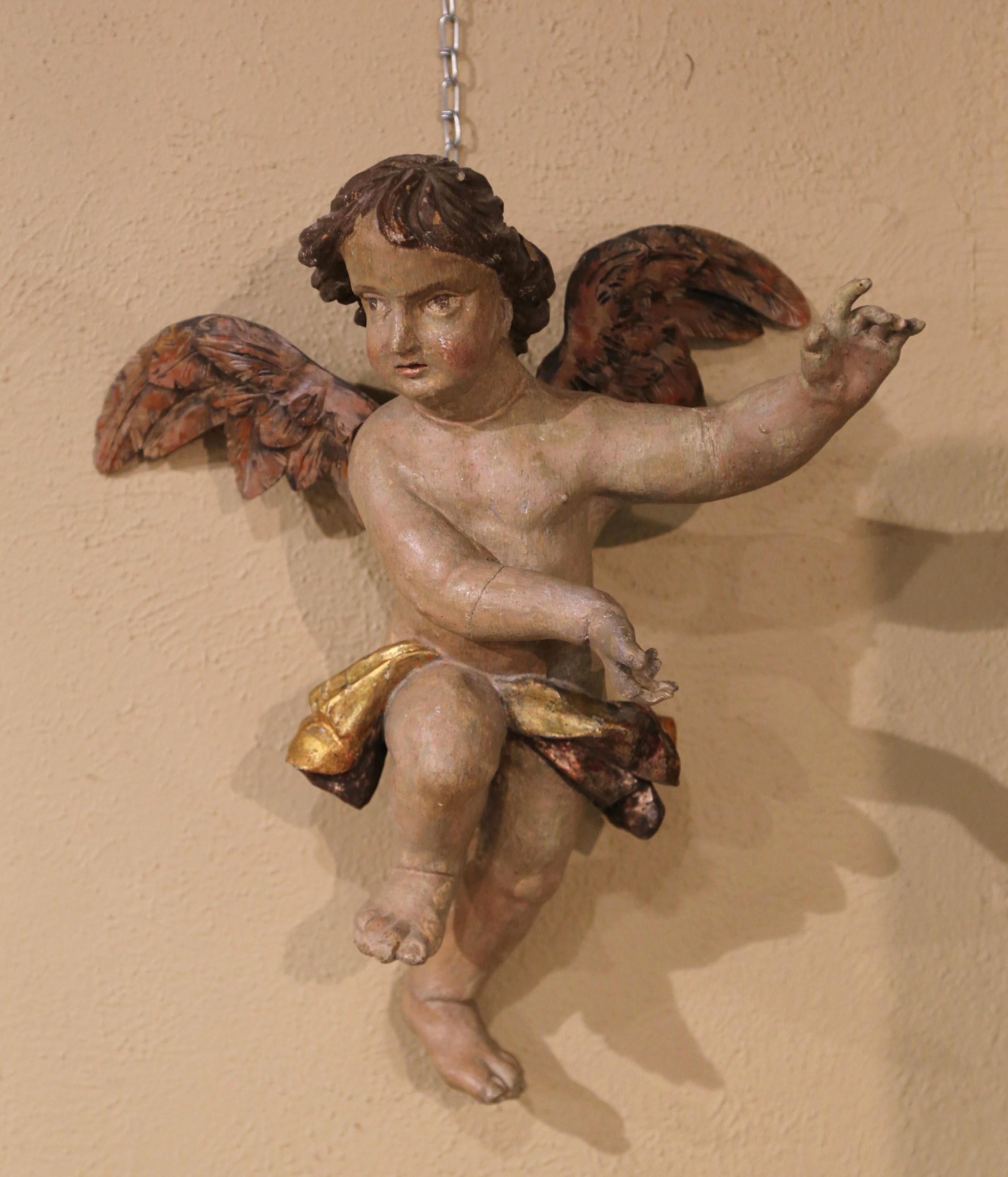 Hand-Carved Pair of 18th Century Italian Carved Giltwood Polychrome Winged Cherub Sculptures
