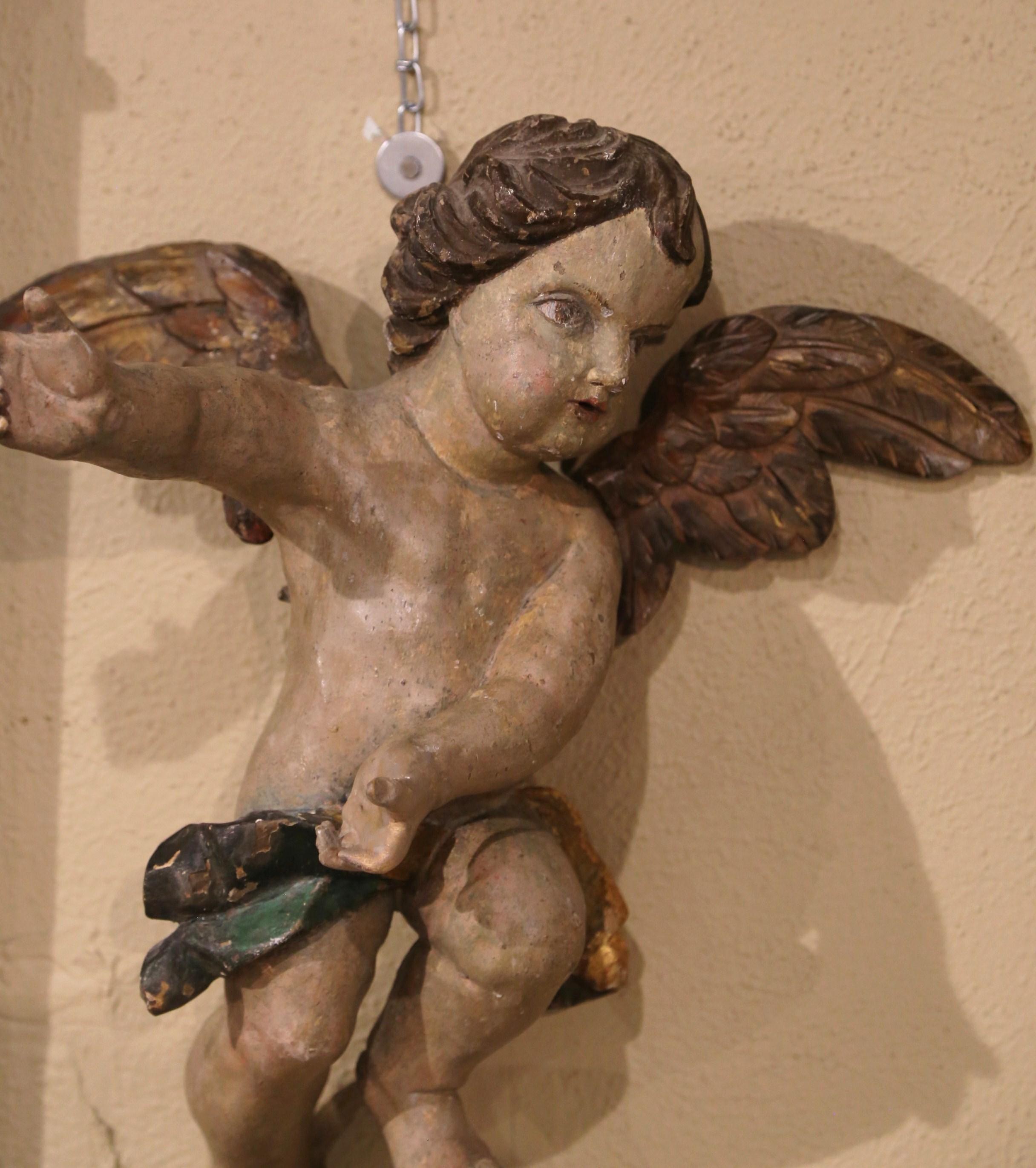 Pair of 18th Century Italian Carved Giltwood Polychrome Winged Cherub Sculptures 1