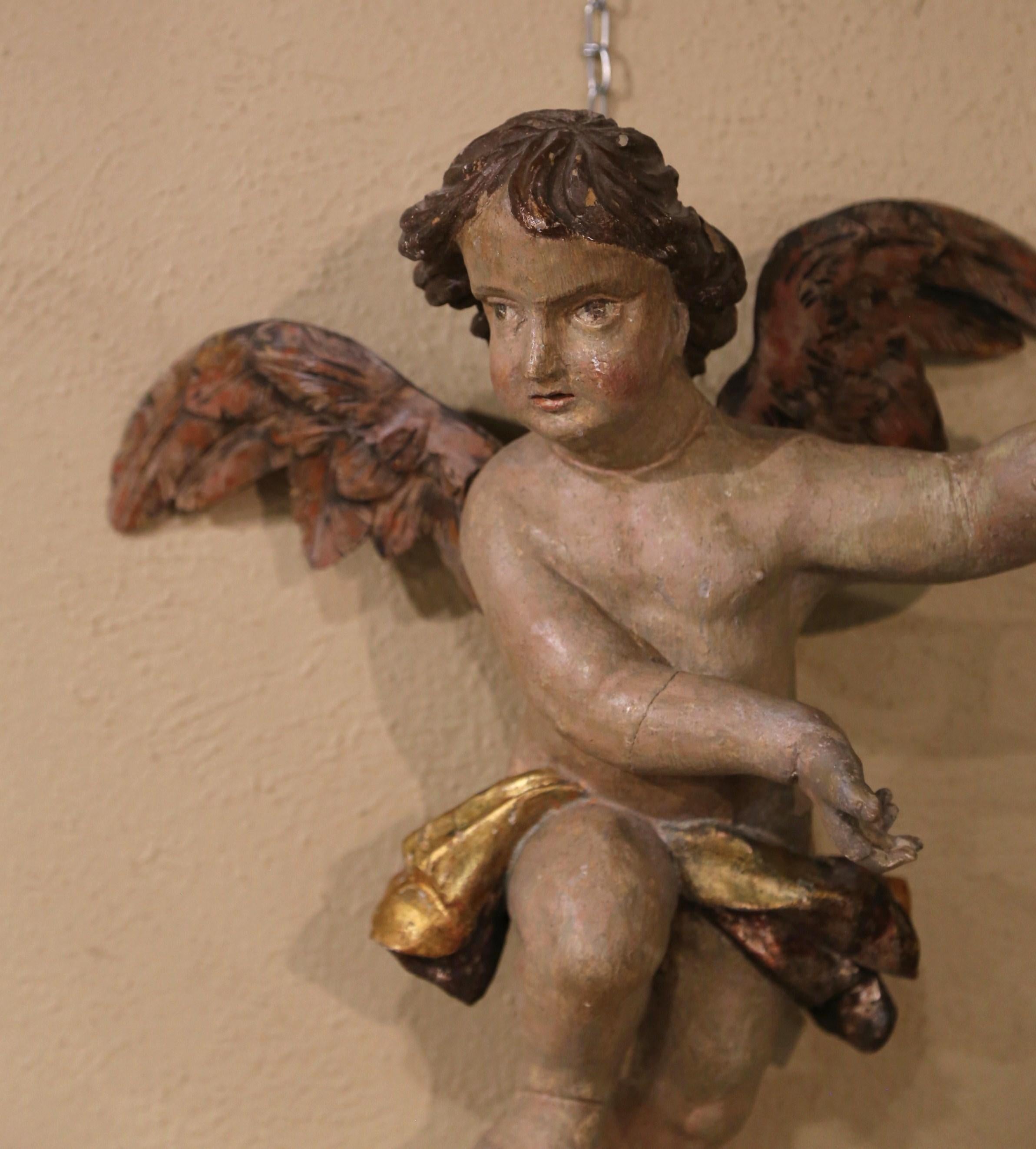 Pair of 18th Century Italian Carved Giltwood Polychrome Winged Cherub Sculptures 2