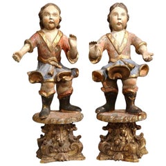 Antique Pair of 18th Century Italian Carved Polychrome and Gilt Cherub Sculptures