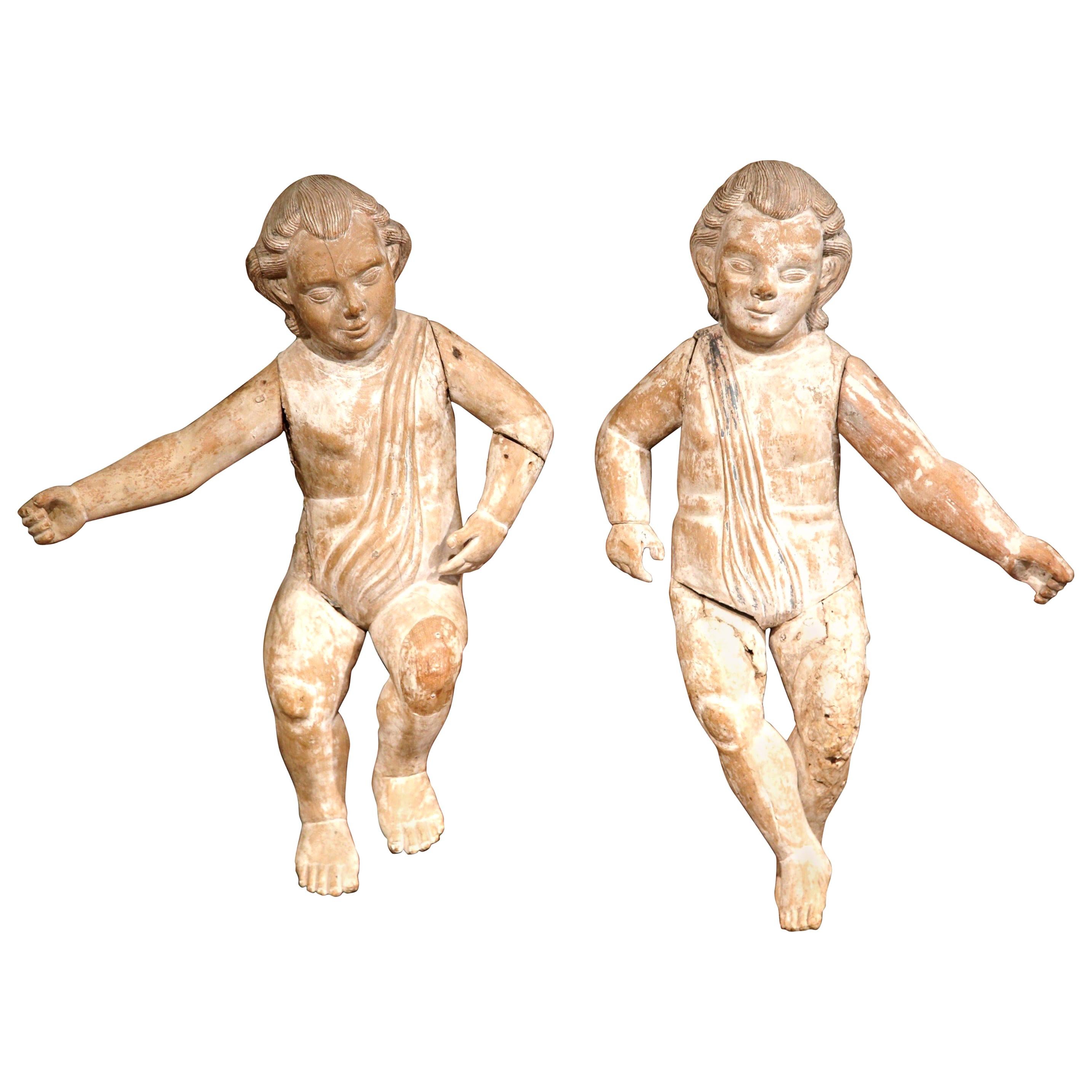 Pair of 18th Century Italian Carved Stripped Oak Cherubs with White Wash Finish