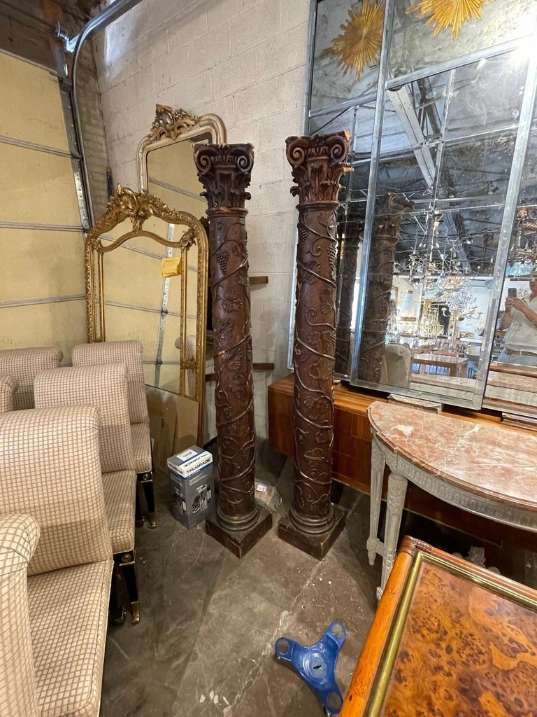 Walnut Columns Pair of 18th Century Italian Carved Walnut Columns For Sale at 1stDibs