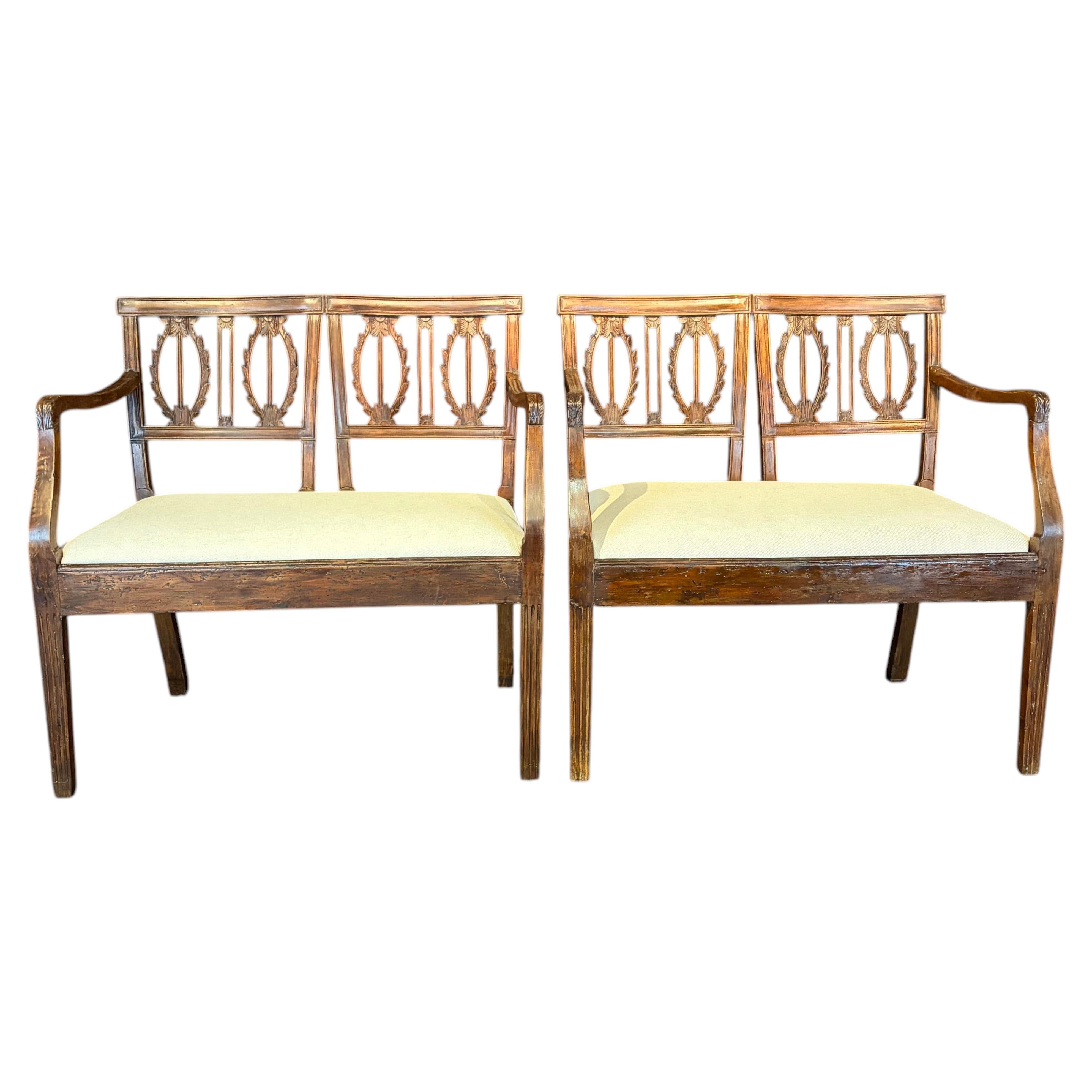 Pair of 18th Century Italian Carved Wood and Newly Upholstered Loveseats
