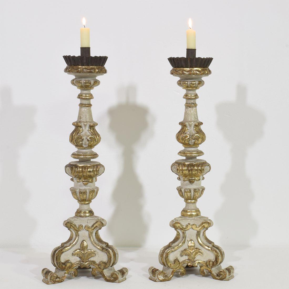 Gorgeous pair of Baroque carved wooden candleholders. Italy, circa 1750-1780. Weathered, repairs and small losses.
More pictures available on request. Measurement individual.