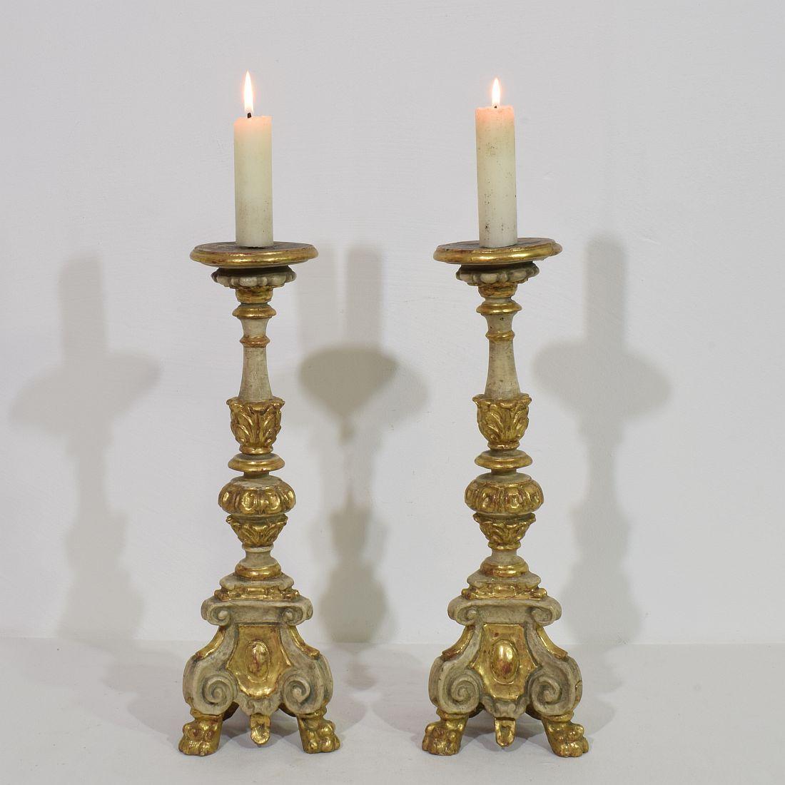 Greats pair of Baroque carved wooden candleholders. Italy, circa 1750-1780. Weathered, repairs and small losses.
More pictures available on request. Measurement individual.