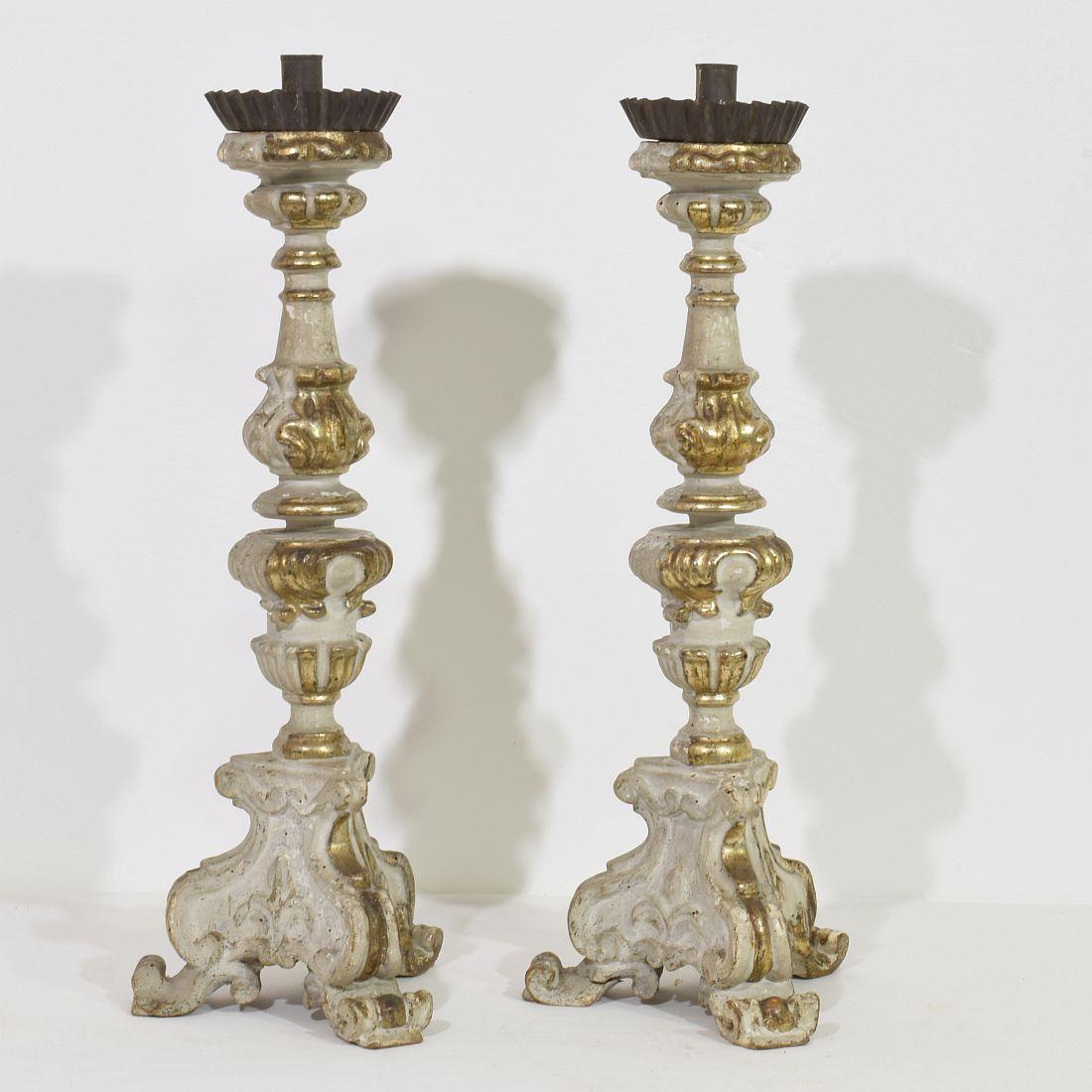 18th Century and Earlier Pair of 18th Century Italian Carved Wooden Baroque Candleholders For Sale
