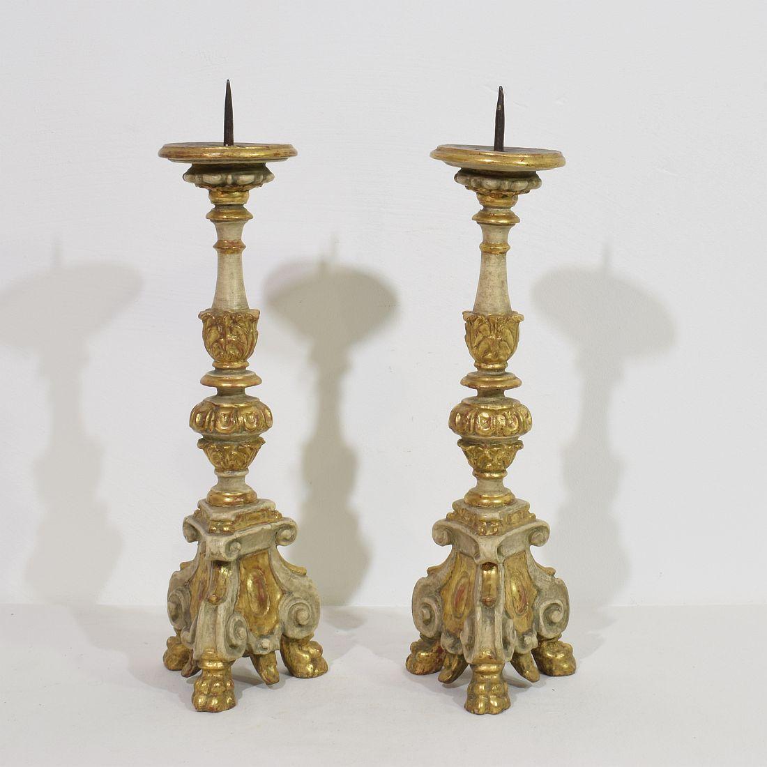 18th Century and Earlier Pair of 18th Century Italian Carved Wooden Baroque Candleholders For Sale
