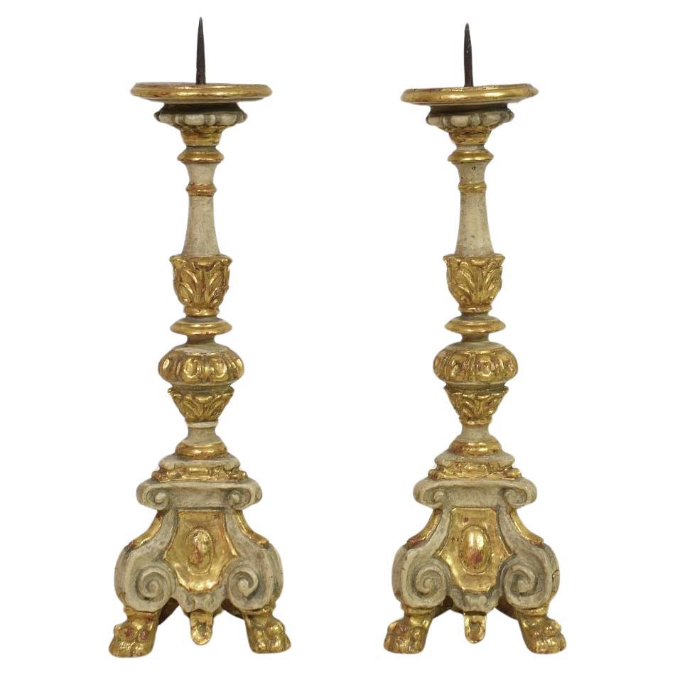 Pair of 18th Century Italian Carved Wooden Baroque Candleholders