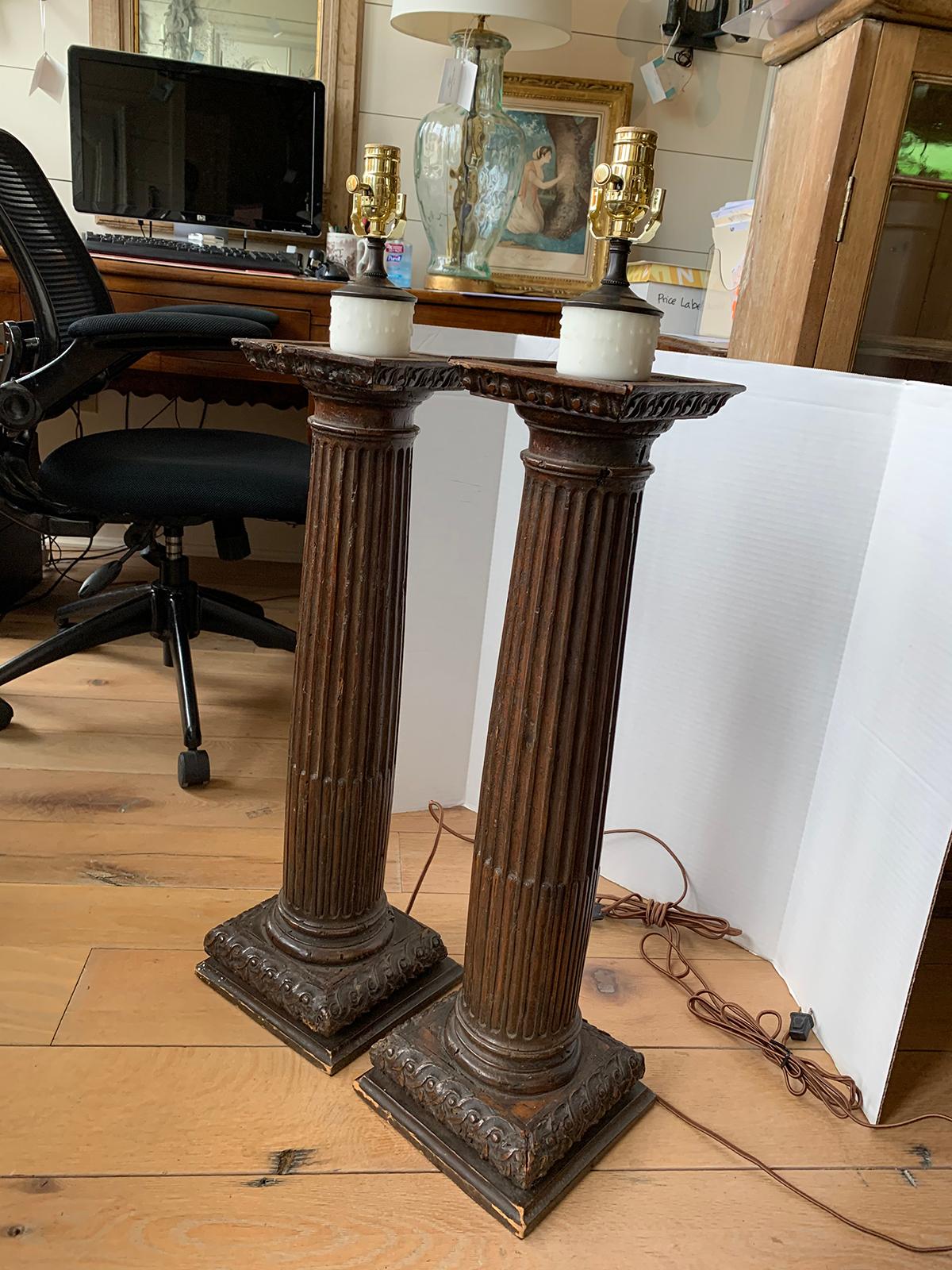 Hand-Carved Pair of 18th Century Italian Carved Wooden Columns as Lamps