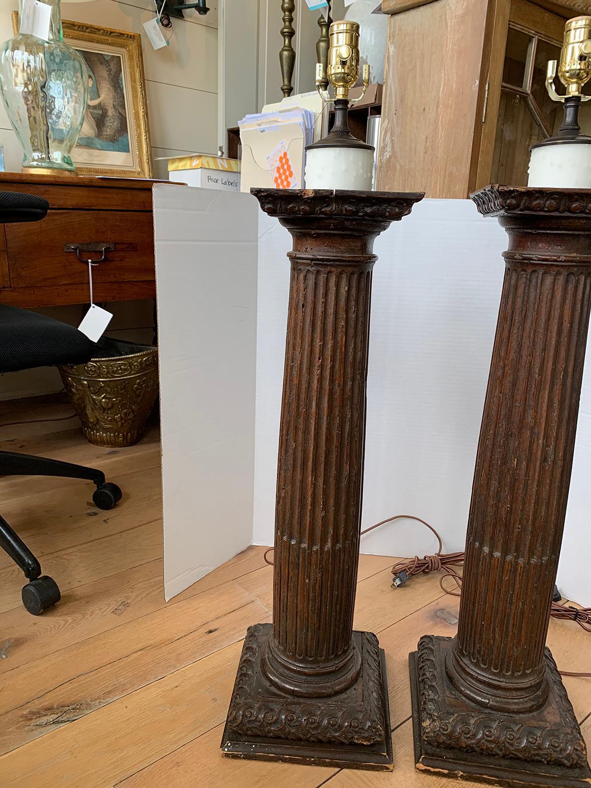 18th Century and Earlier Pair of 18th Century Italian Carved Wooden Columns as Lamps