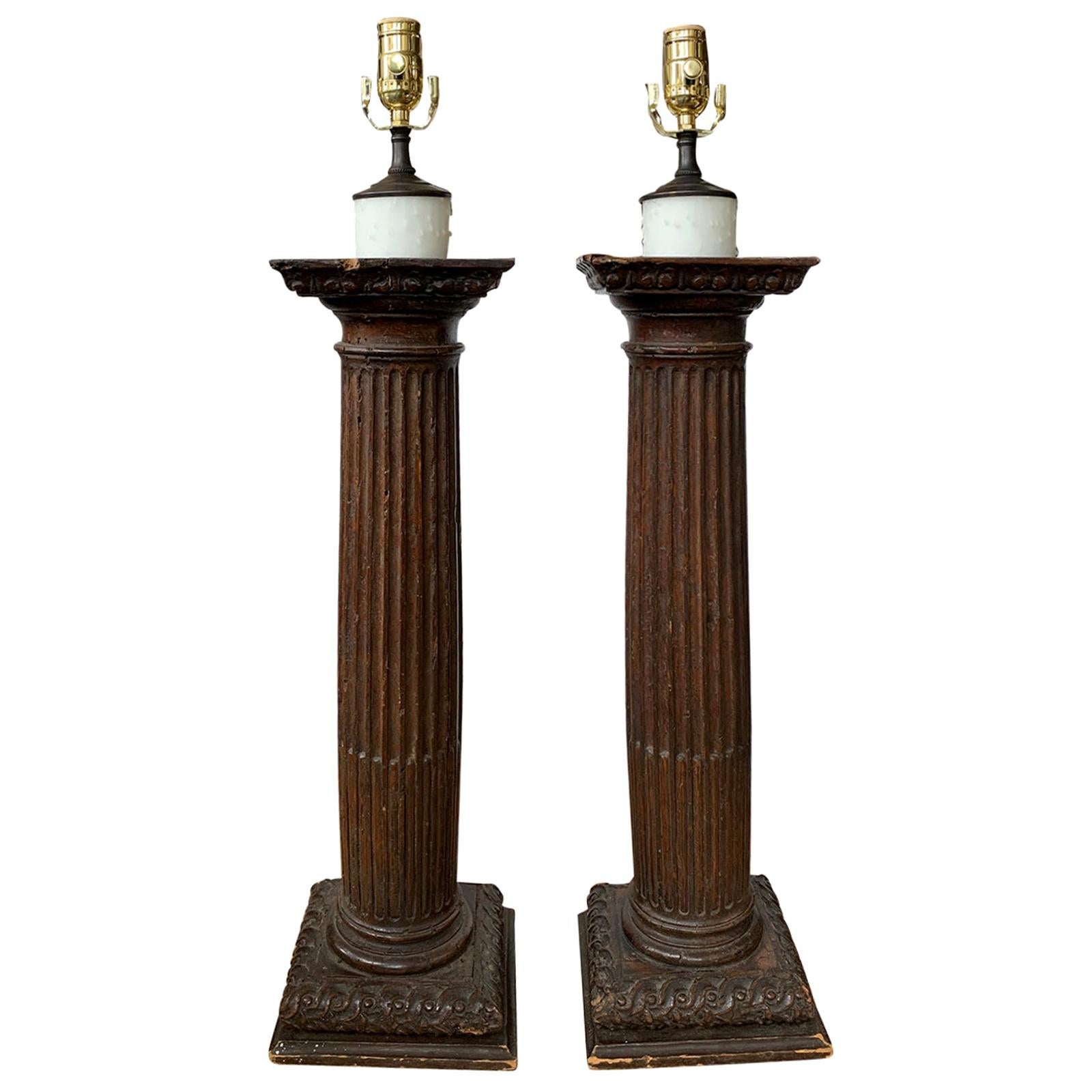 Pair of 18th Century Italian Carved Wooden Columns as Lamps