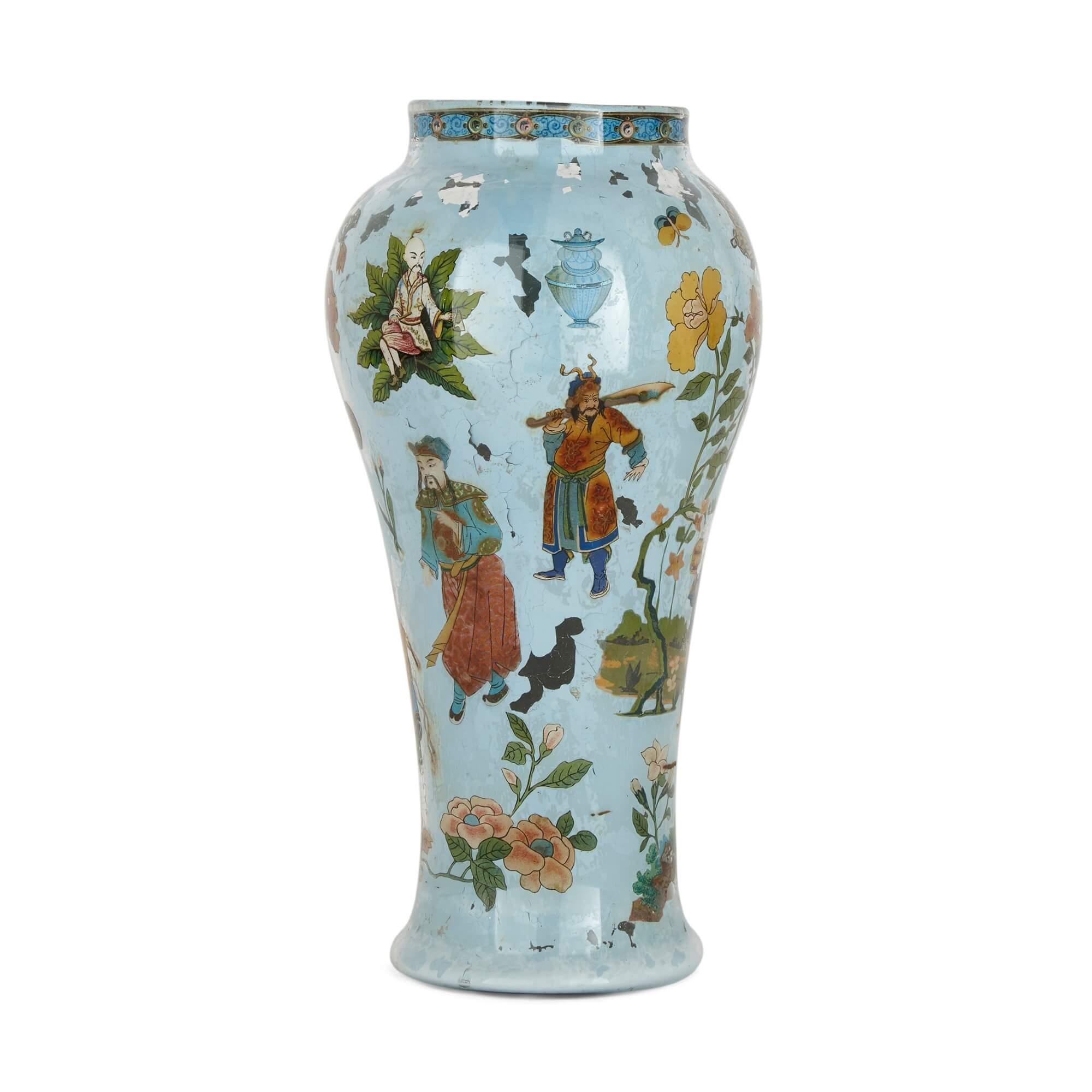 Crafted in the popular 18th century Chinoiserie style, this fine pair of Italian vases are crafted of blown glass, and feature elongated curved bodies. The vases are painted all over with flowers, butterflies, leaves and Chinese figures on a white