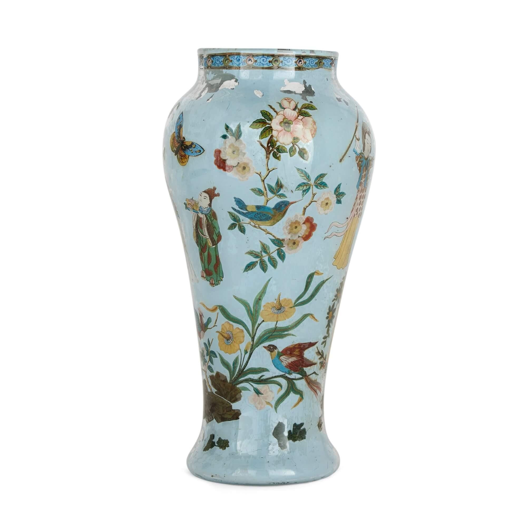 Hand-Painted Pair of 18th Century Italian Chinoiserie Blown Glass Vases For Sale