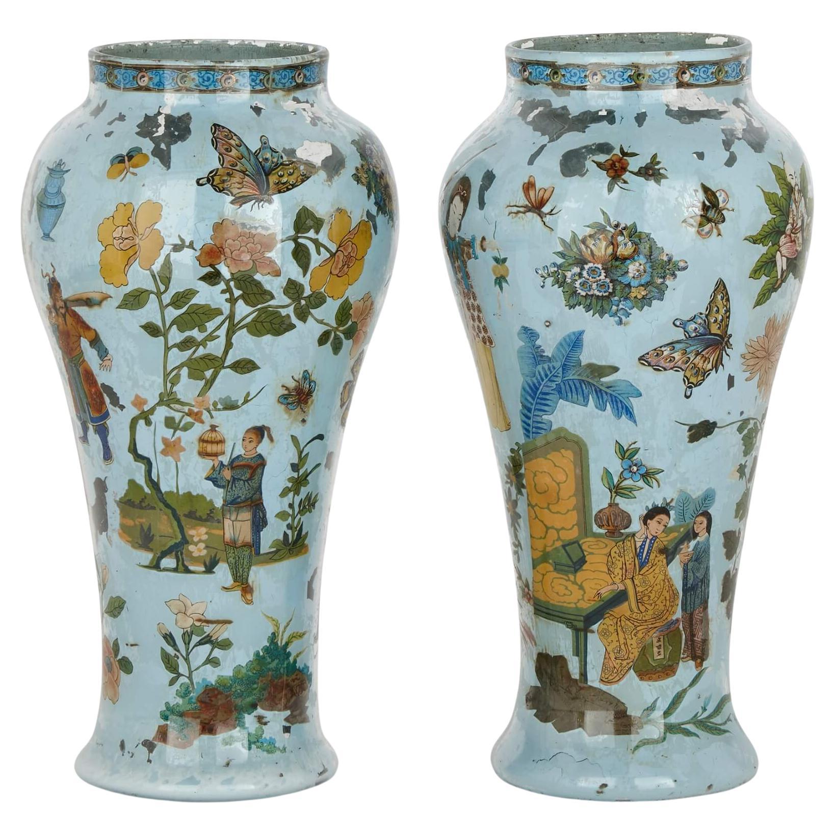 Paire de vases en verre soufflé de style chinoiserie italienne du 18ème siècle en vente