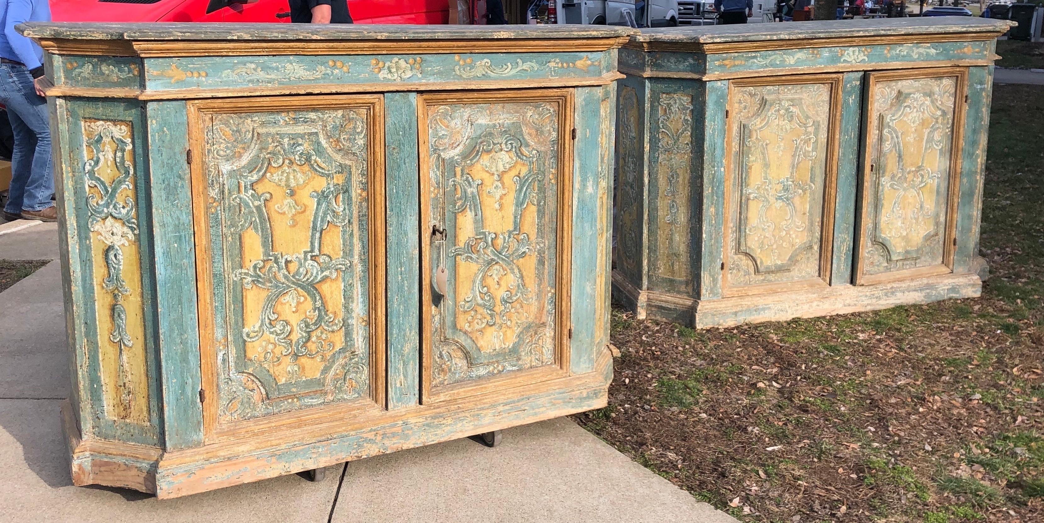 18th Century and Earlier Rare Pair of 18th Century Painted Italian Credenzas.