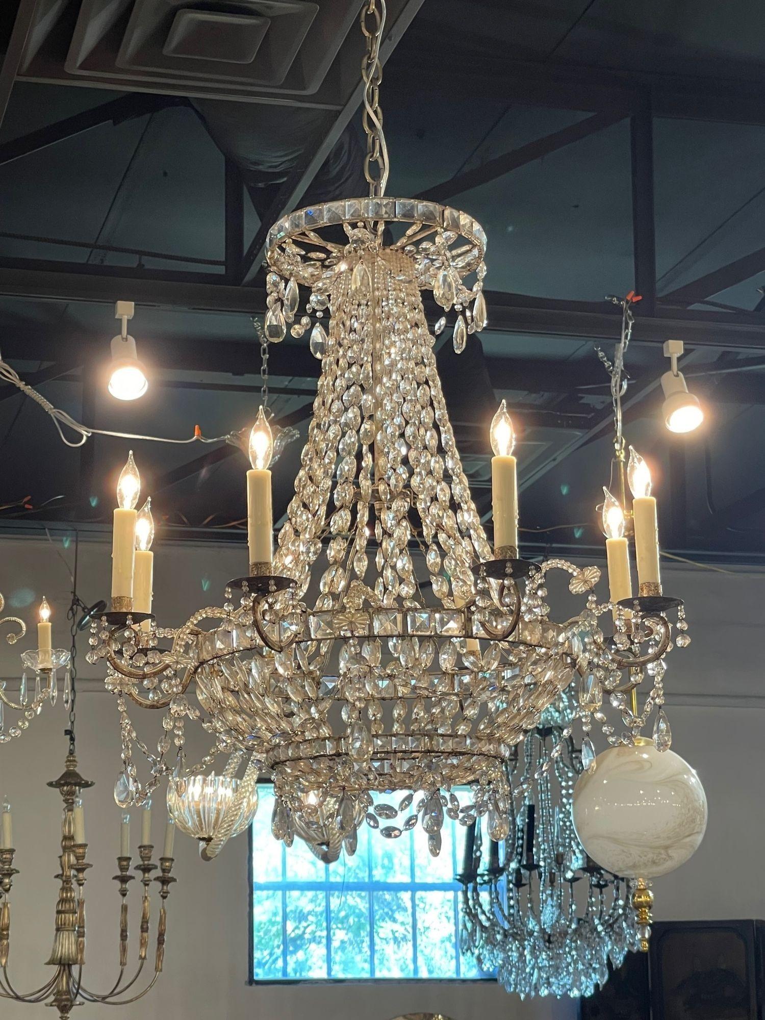 Lovely pair of 18th century Italian 8 light crystal chandeliers. These are covered in gorgeous crystals. Very impressive for a fine home!